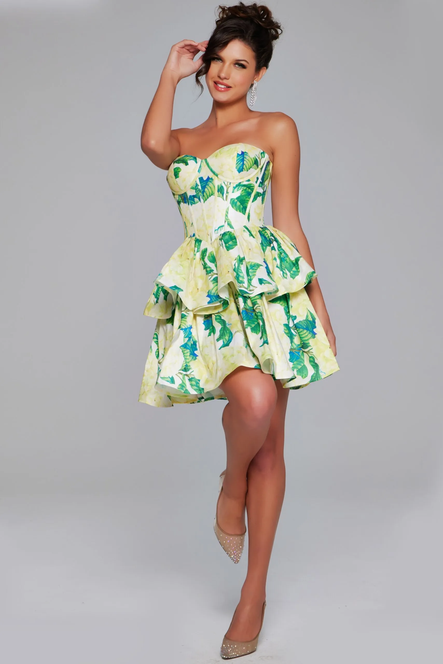 Floral Print Short Strapless A-line Dress by Jovani JVN37057