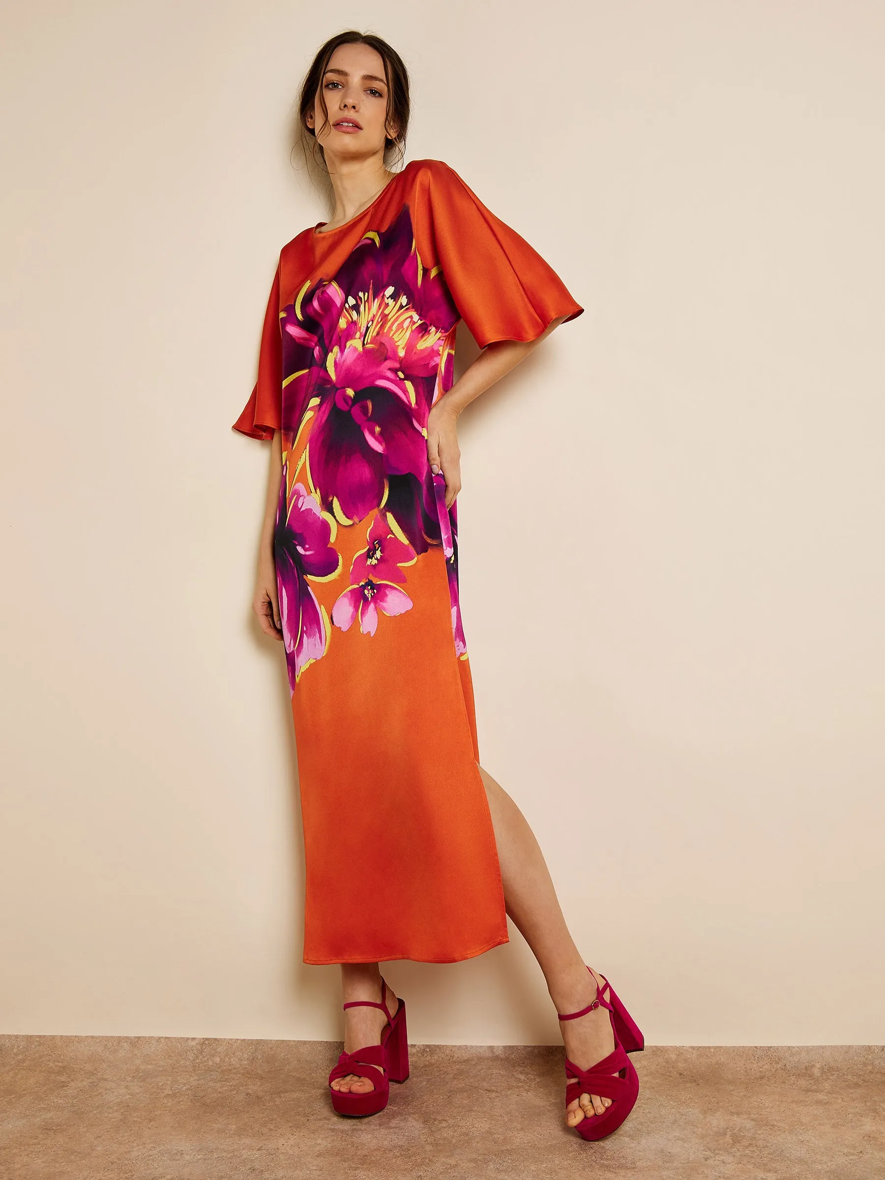 GWD Tropicana Orange Floral Printed Satin Kaftan