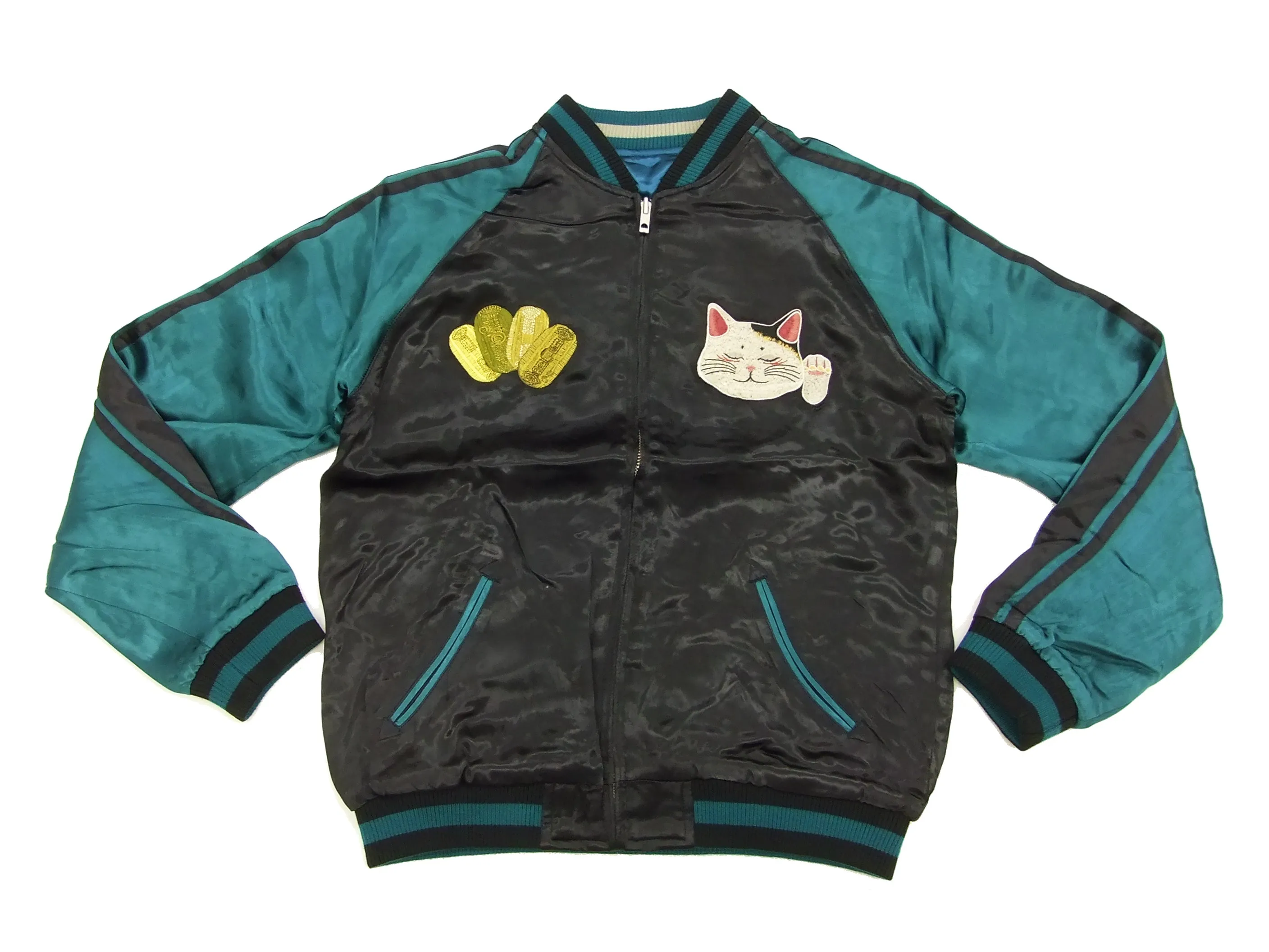 Hanatabi Gakudan Men's Japanese Souvenir Jacket Japanese lucky cat Sukajan Script SSJ-514