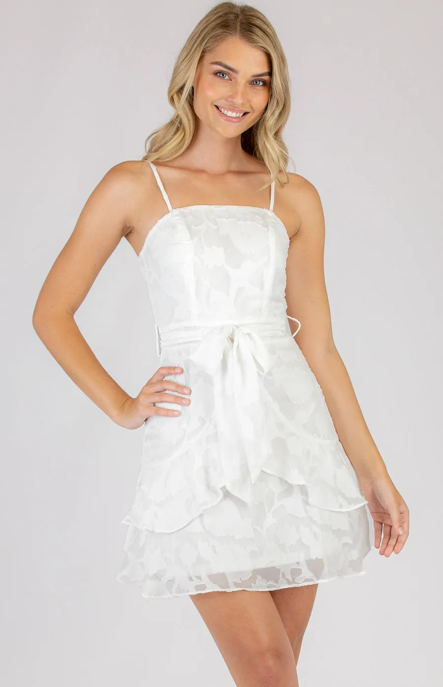 Hot little White Strapless Mini Dress with Frill Hem Details