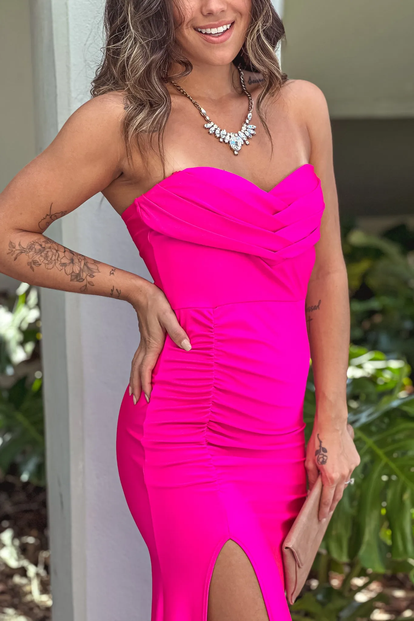 Hot Pink Strapless Maxi Dress With Slit