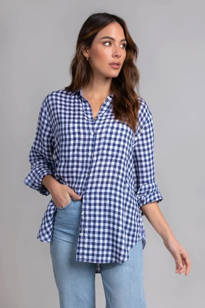 HUT - The Boyfriend Linen Shirt - Denim Blue Gingham