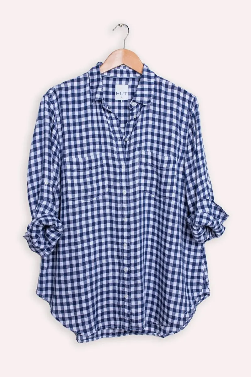 HUT - The Boyfriend Linen Shirt - Denim Blue Gingham