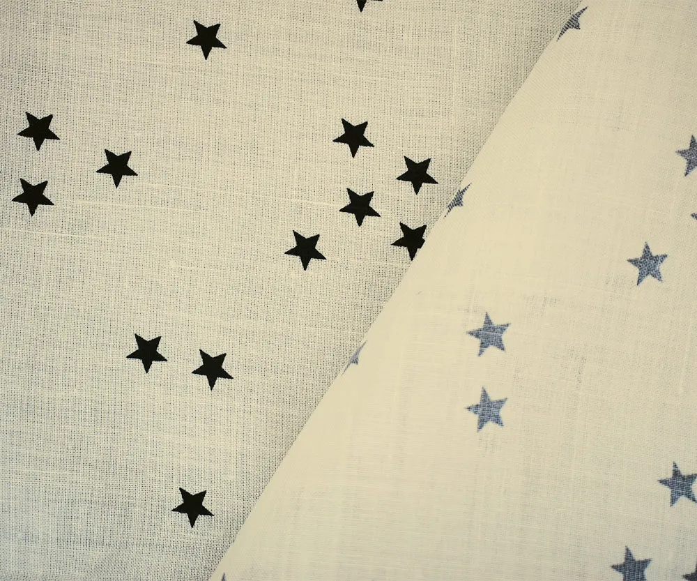 Ivory-Black Stars Printed Linen Woven Fabric