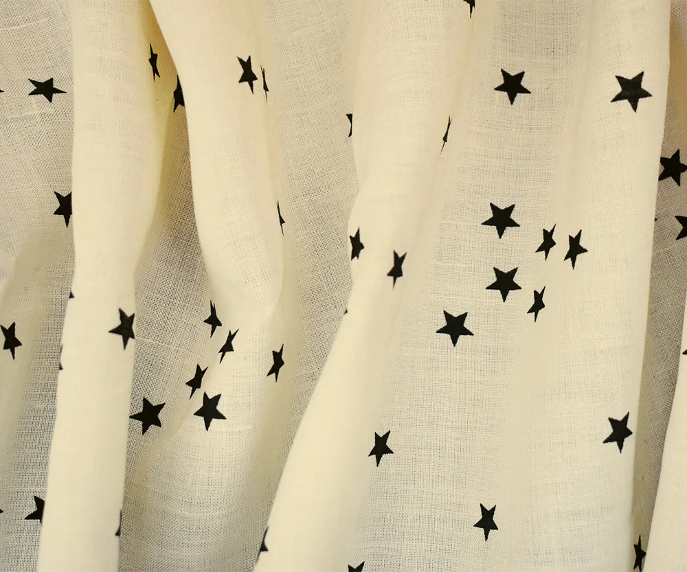 Ivory-Black Stars Printed Linen Woven Fabric