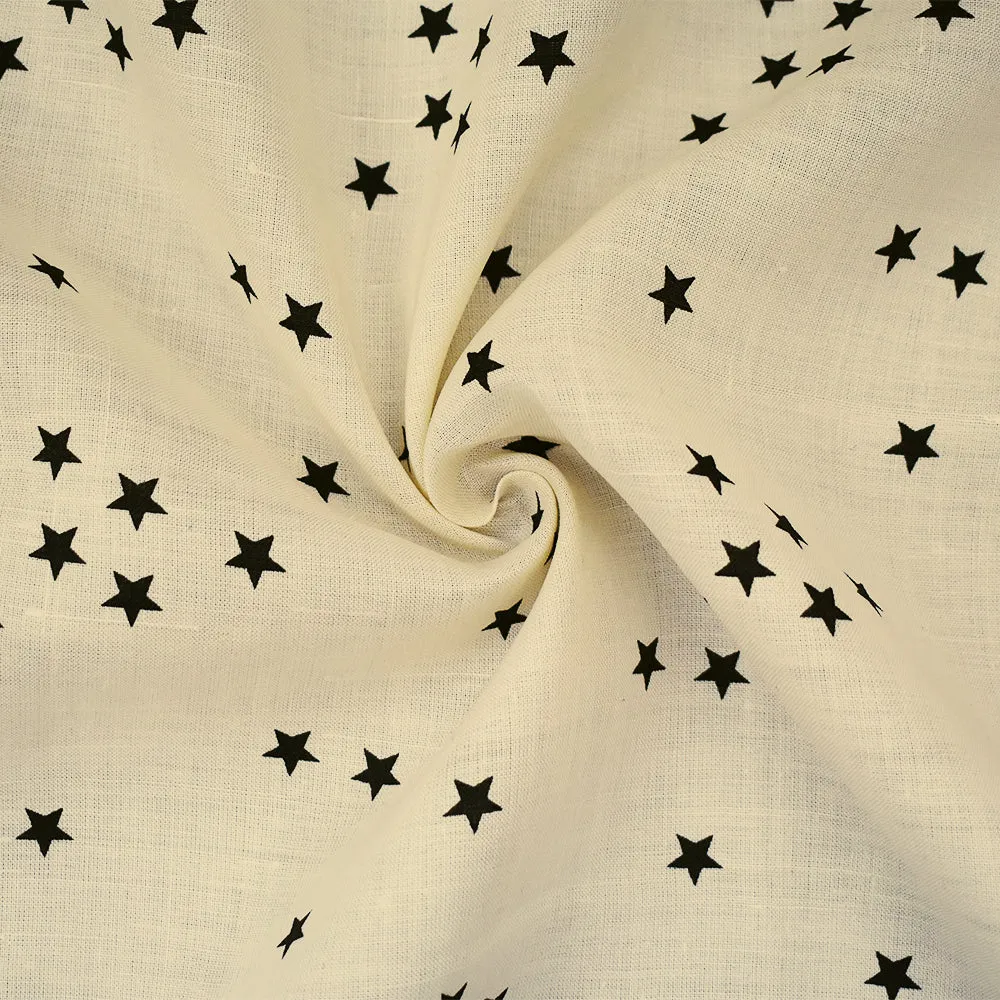 Ivory-Black Stars Printed Linen Woven Fabric