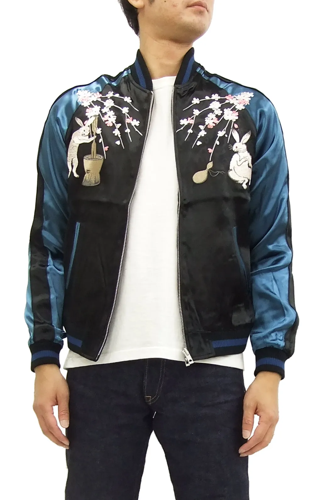 Japanesque Japanese Souvenir Jacket 3RSJ-023 Moon rabbit Men's Sukajan Black/Blue