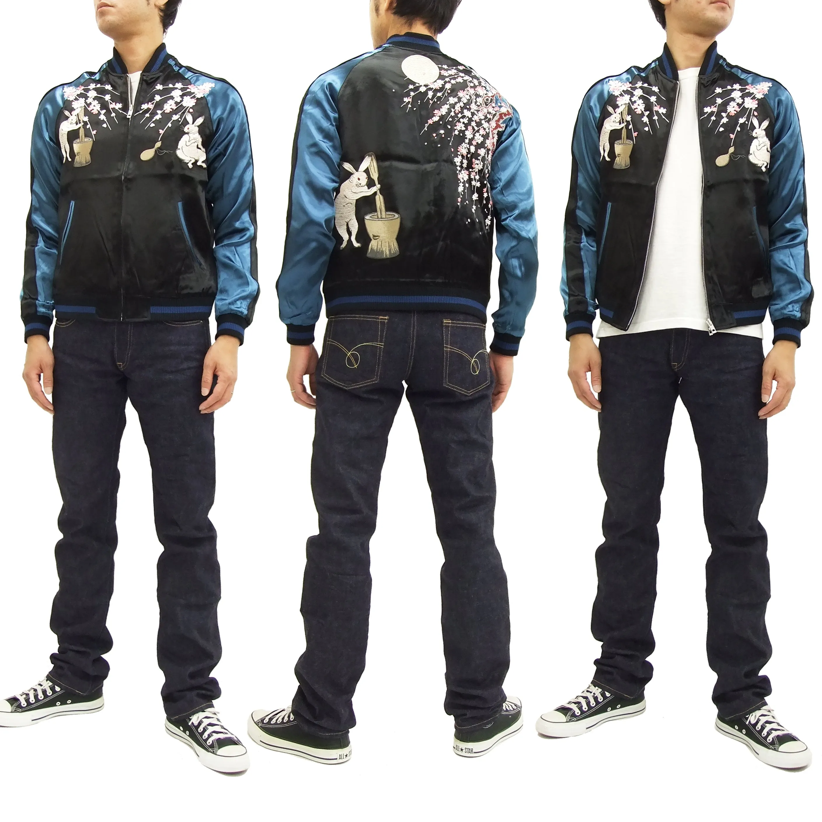 Japanesque Japanese Souvenir Jacket 3RSJ-023 Moon rabbit Men's Sukajan Black/Blue