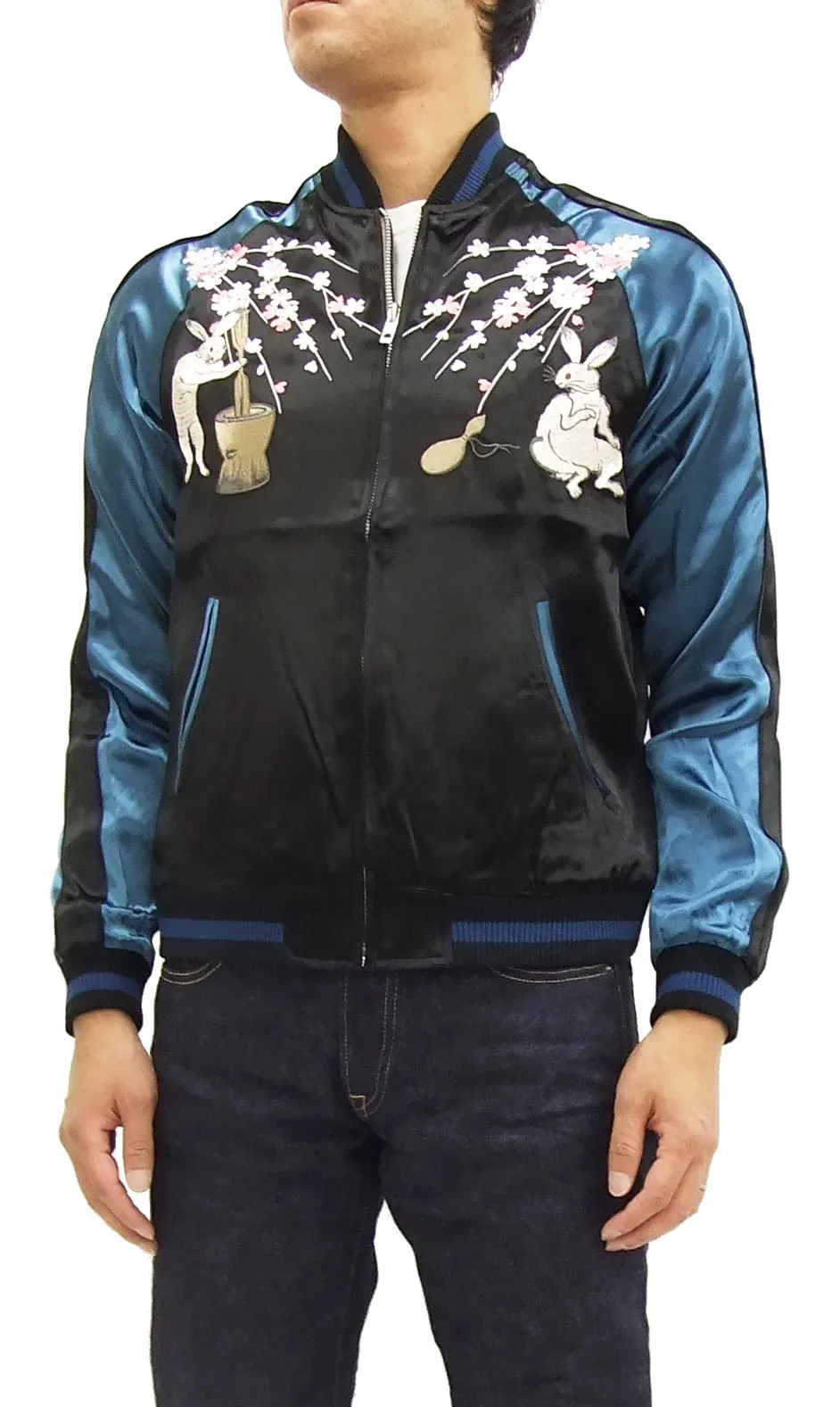 Japanesque Japanese Souvenir Jacket 3RSJ-023 Moon rabbit Men's Sukajan Black/Blue