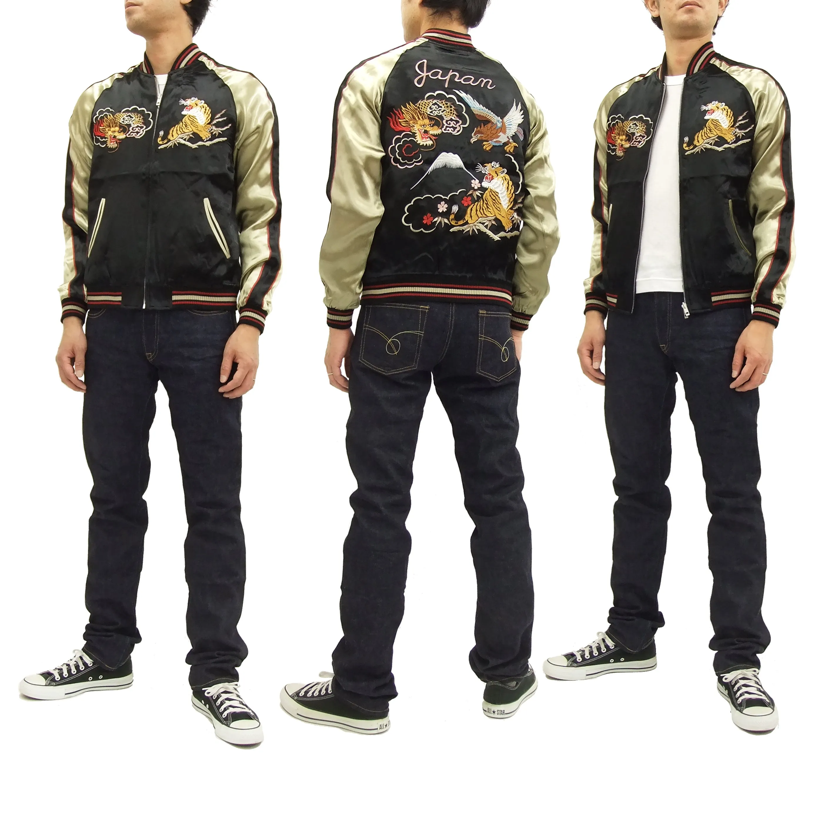 Japanesque Japanese Souvenir Jacket 3RSJ-028 Dragon Tiger Men's Sukajan Black/Beige