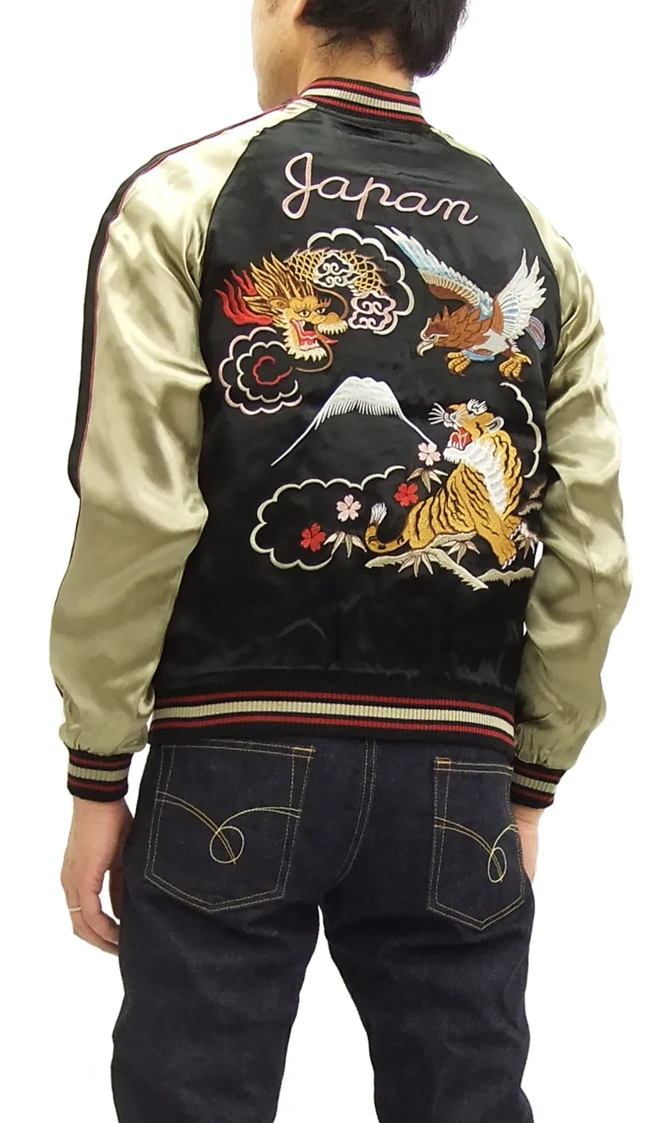 Japanesque Japanese Souvenir Jacket 3RSJ-028 Dragon Tiger Men's Sukajan Black/Beige