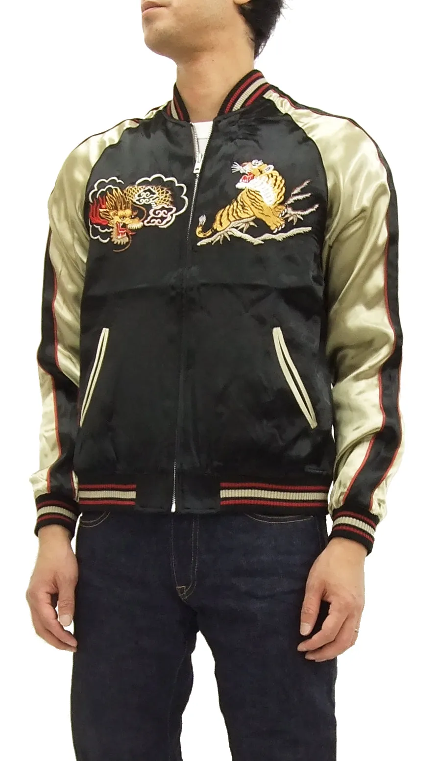 Japanesque Japanese Souvenir Jacket 3RSJ-028 Dragon Tiger Men's Sukajan Black/Beige