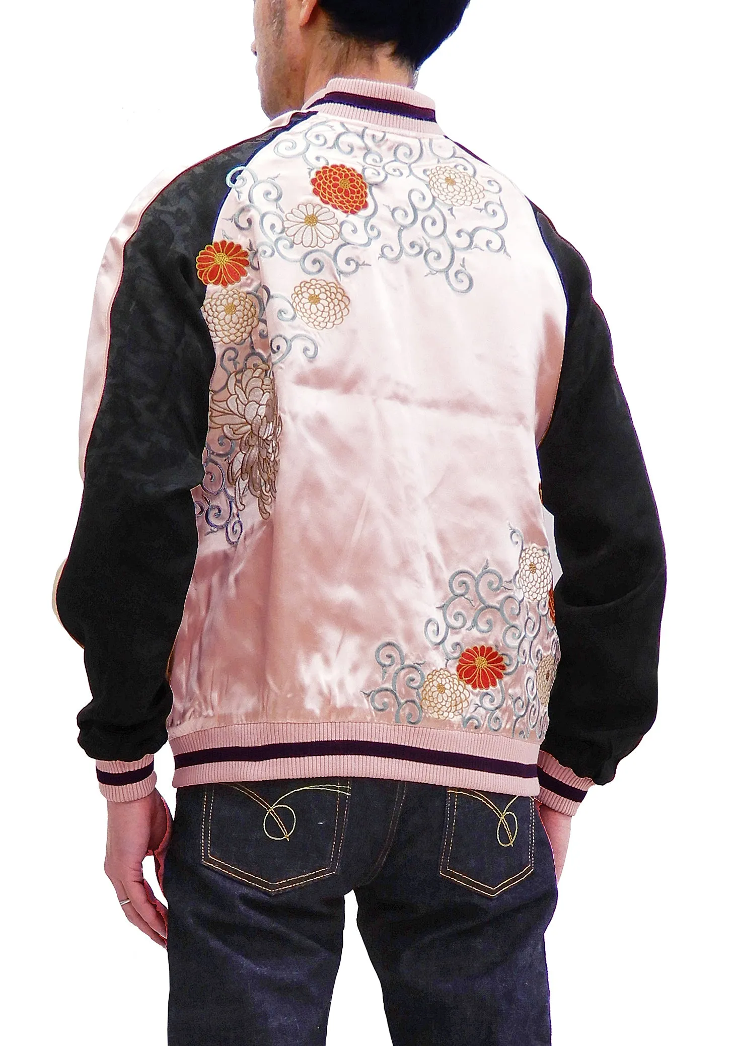 Japanesque Men's Japanese Souvenir Jacket Chrysanthemum Sukajan 3RSJ-703 Pink/Black