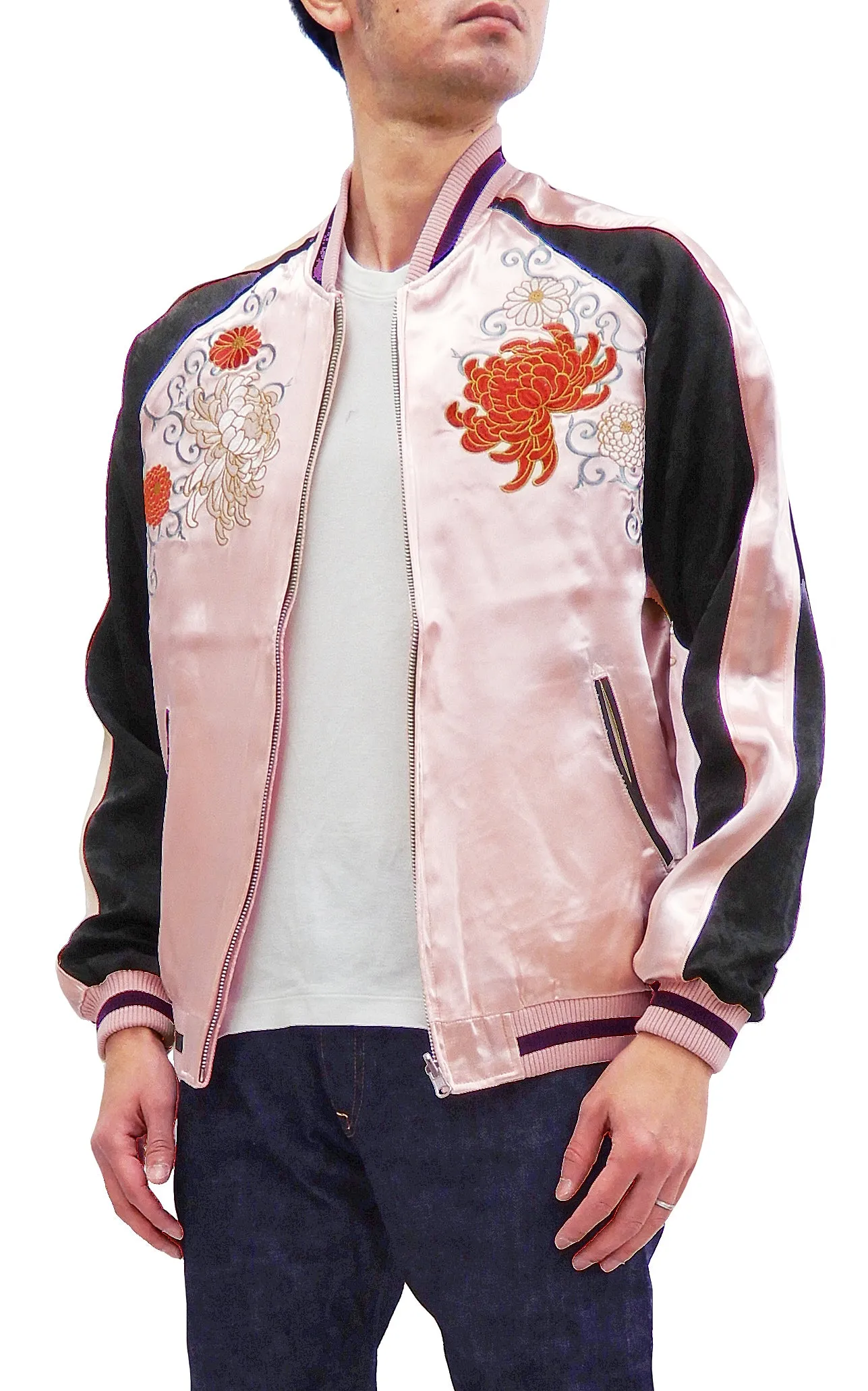 Japanesque Men's Japanese Souvenir Jacket Chrysanthemum Sukajan 3RSJ-703 Pink/Black