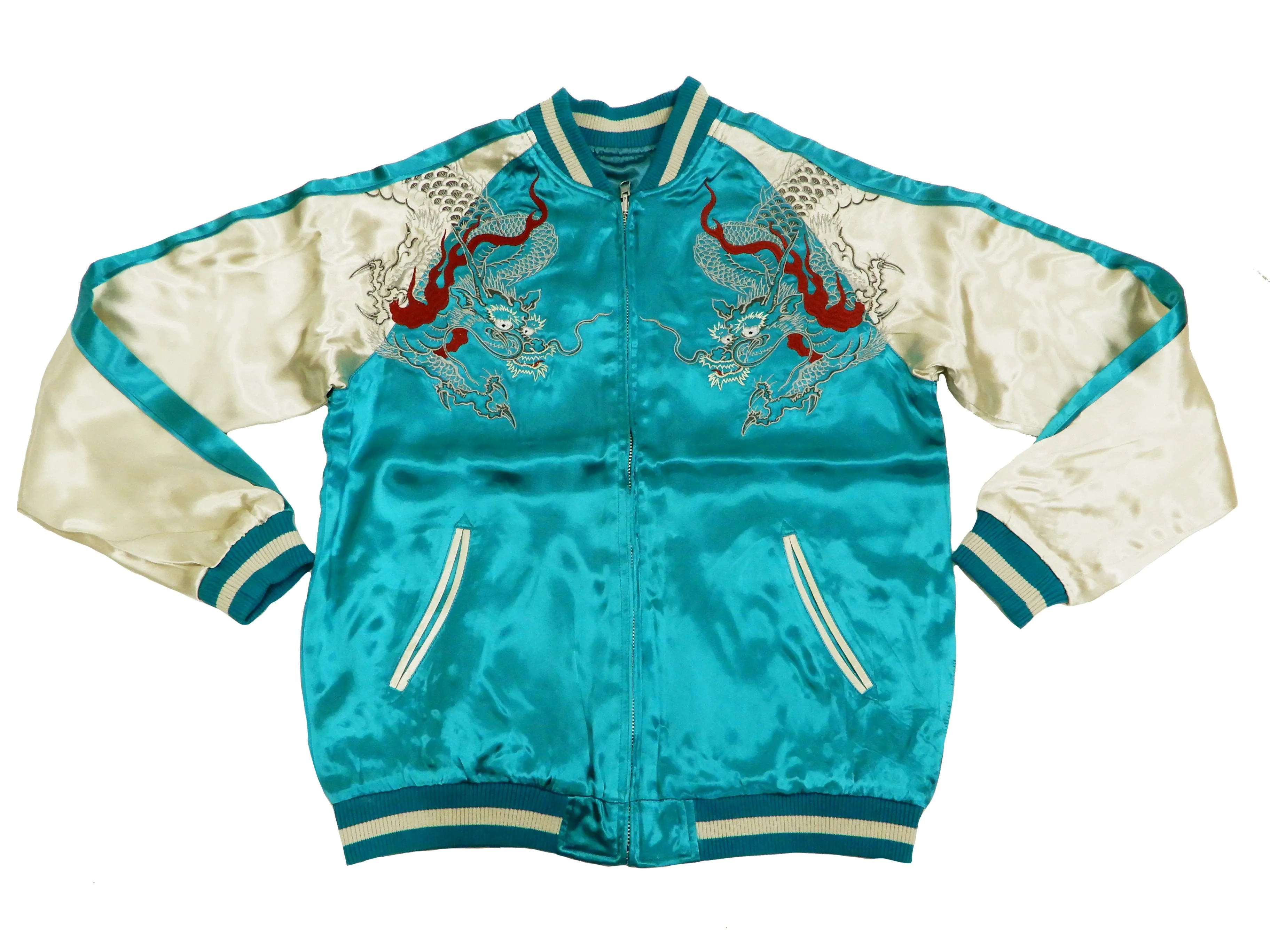 Japanesque Men's Japanese Souvenir Jacket Dragon Embroidered Sukajan 3RSJ-024 Blue-Green/Off