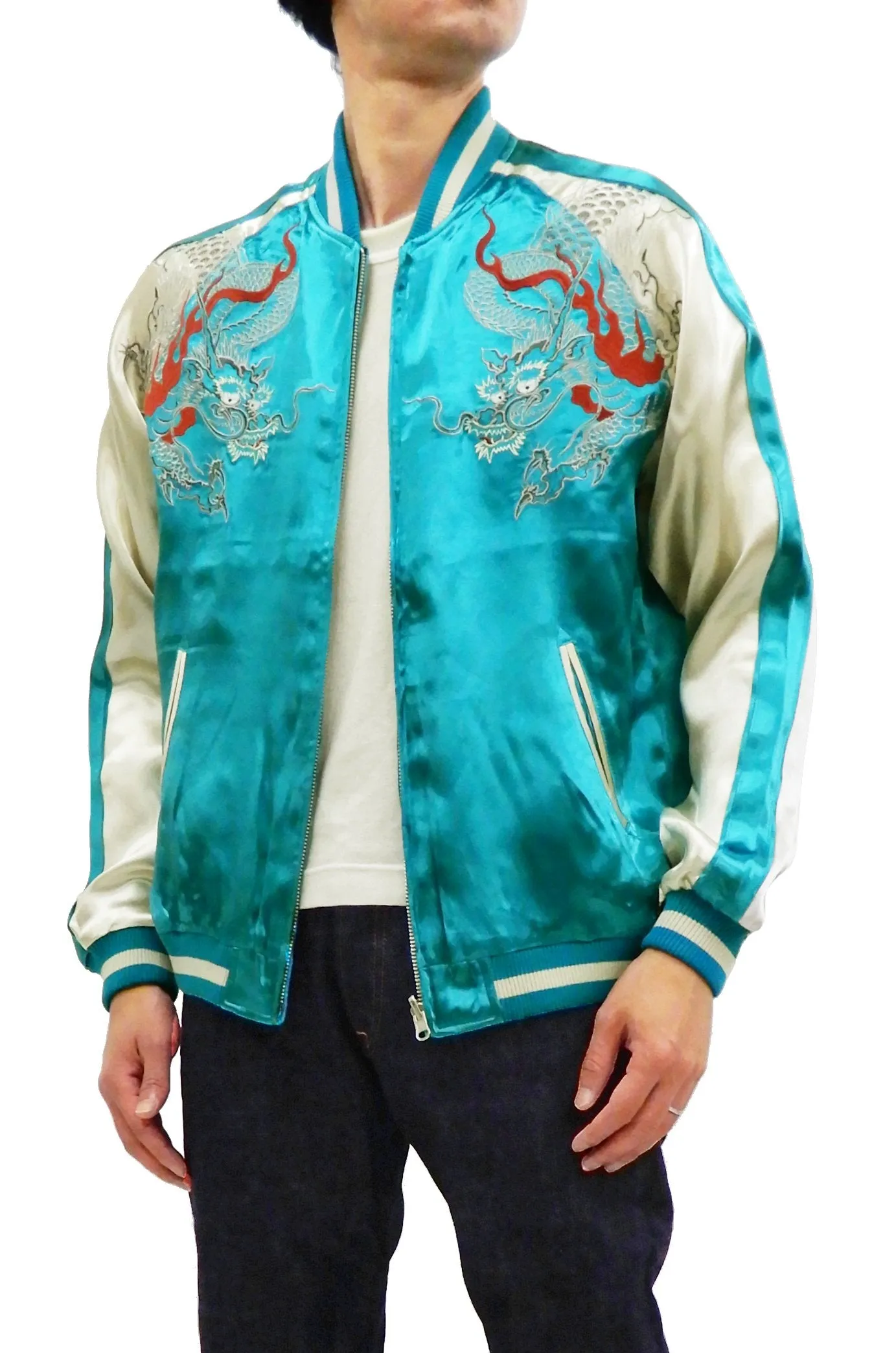 Japanesque Men's Japanese Souvenir Jacket Dragon Embroidered Sukajan 3RSJ-024 Blue-Green/Off