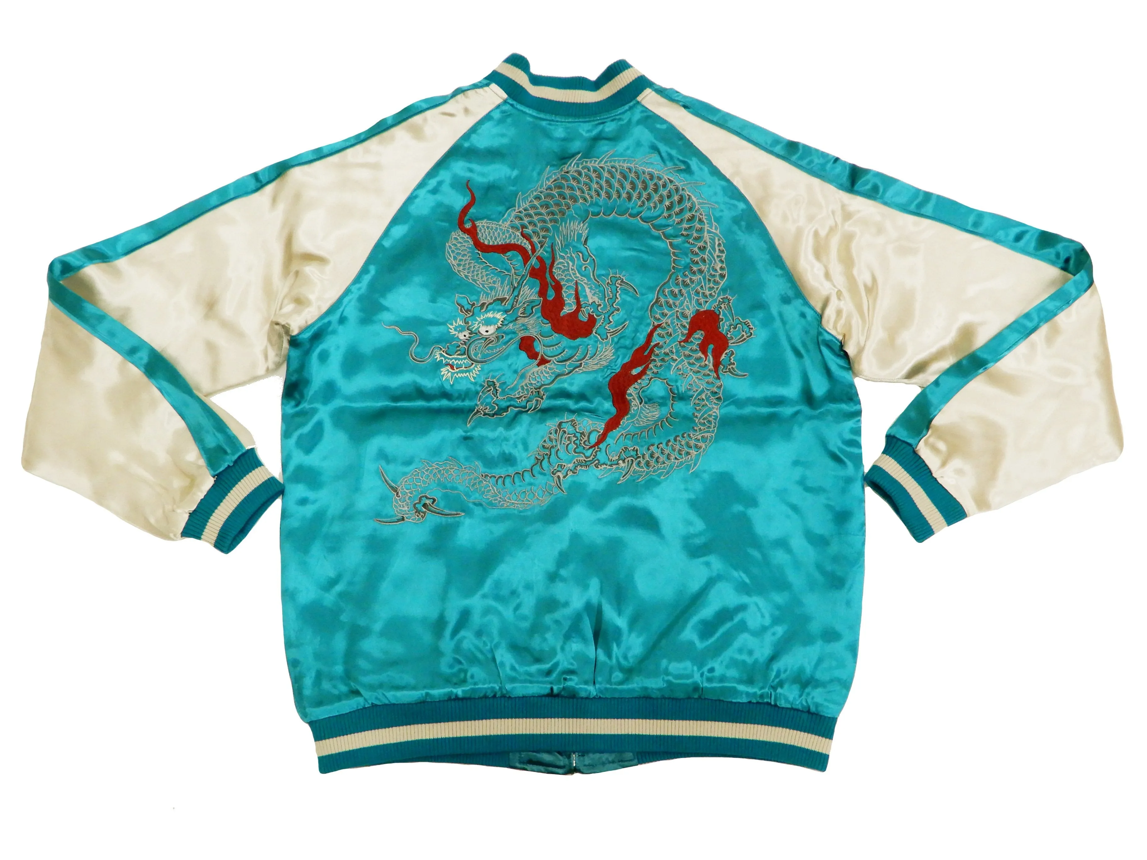 Japanesque Men's Japanese Souvenir Jacket Dragon Embroidered Sukajan 3RSJ-024 Blue-Green/Off