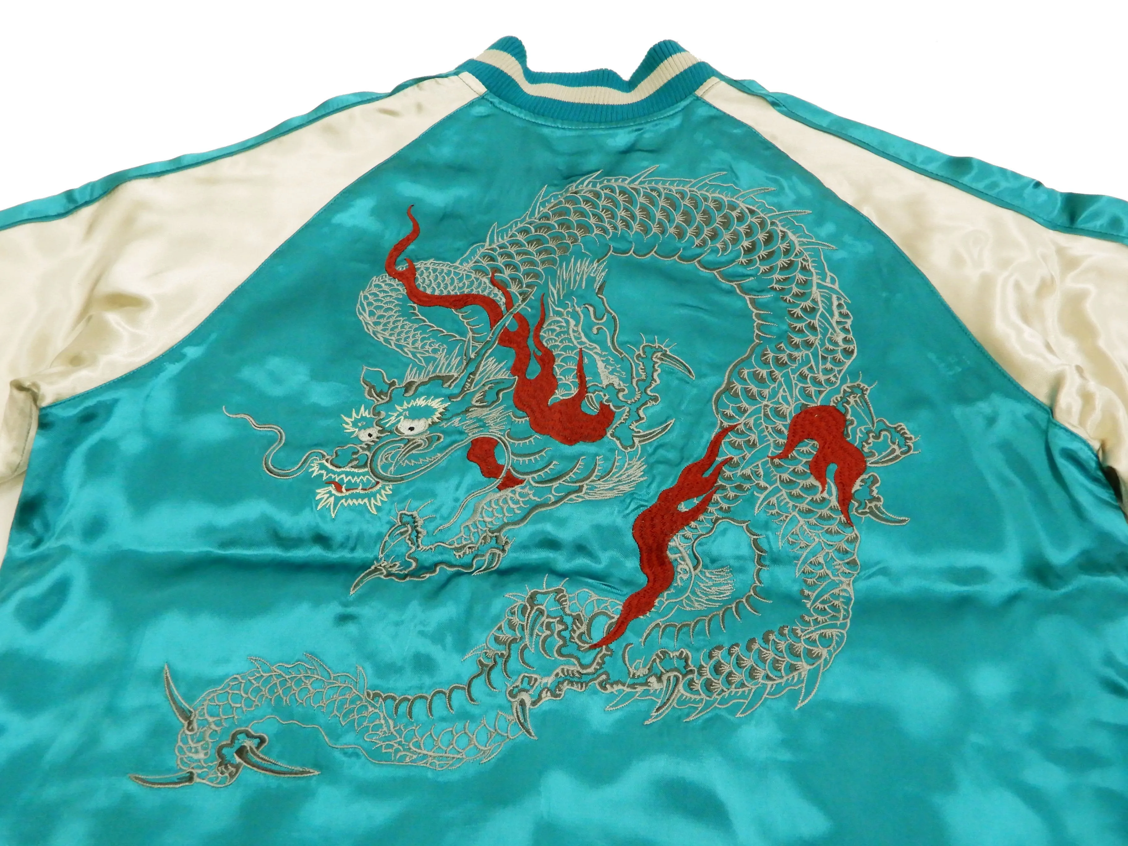 Japanesque Men's Japanese Souvenir Jacket Dragon Embroidered Sukajan 3RSJ-024 Blue-Green/Off