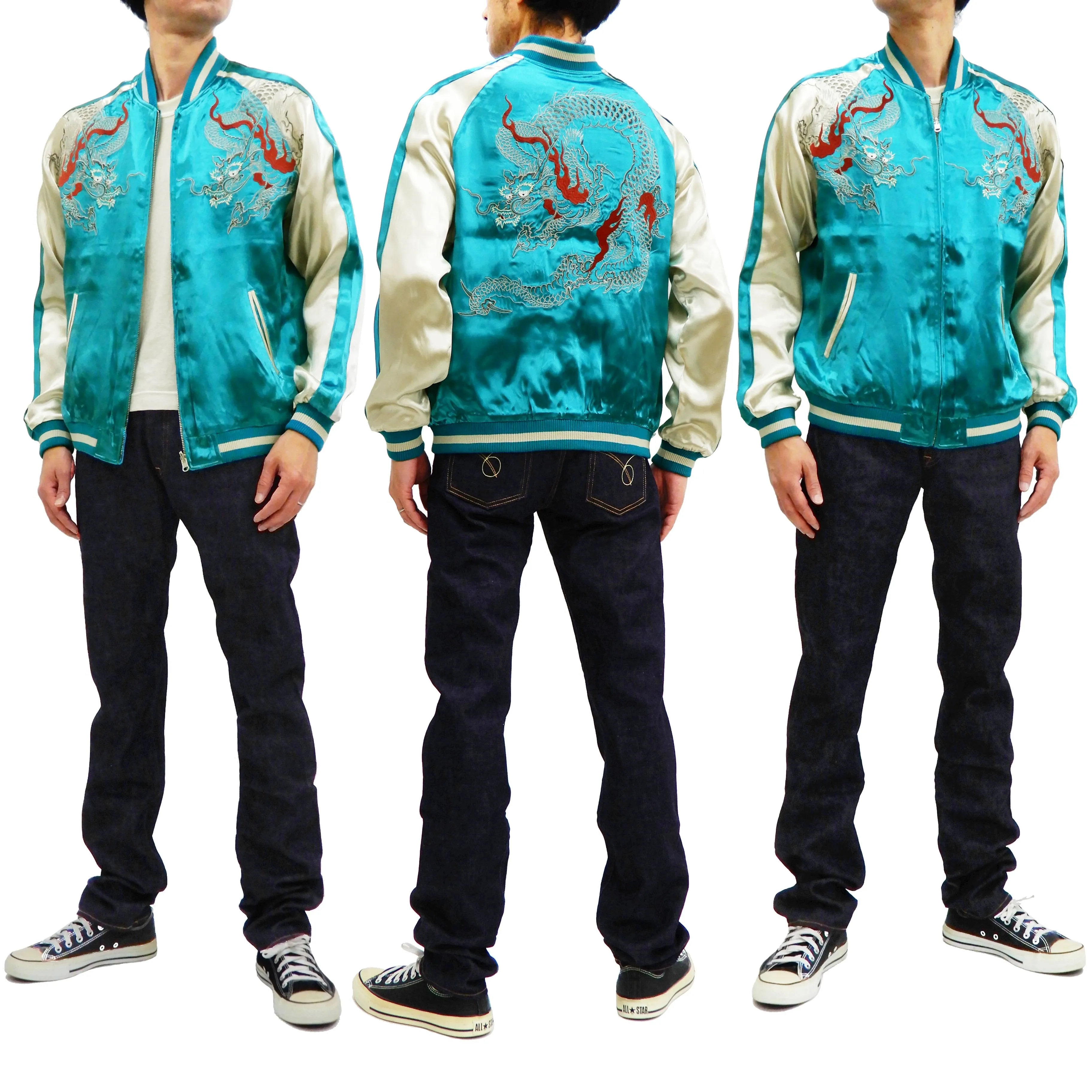 Japanesque Men's Japanese Souvenir Jacket Dragon Embroidered Sukajan 3RSJ-024 Blue-Green/Off