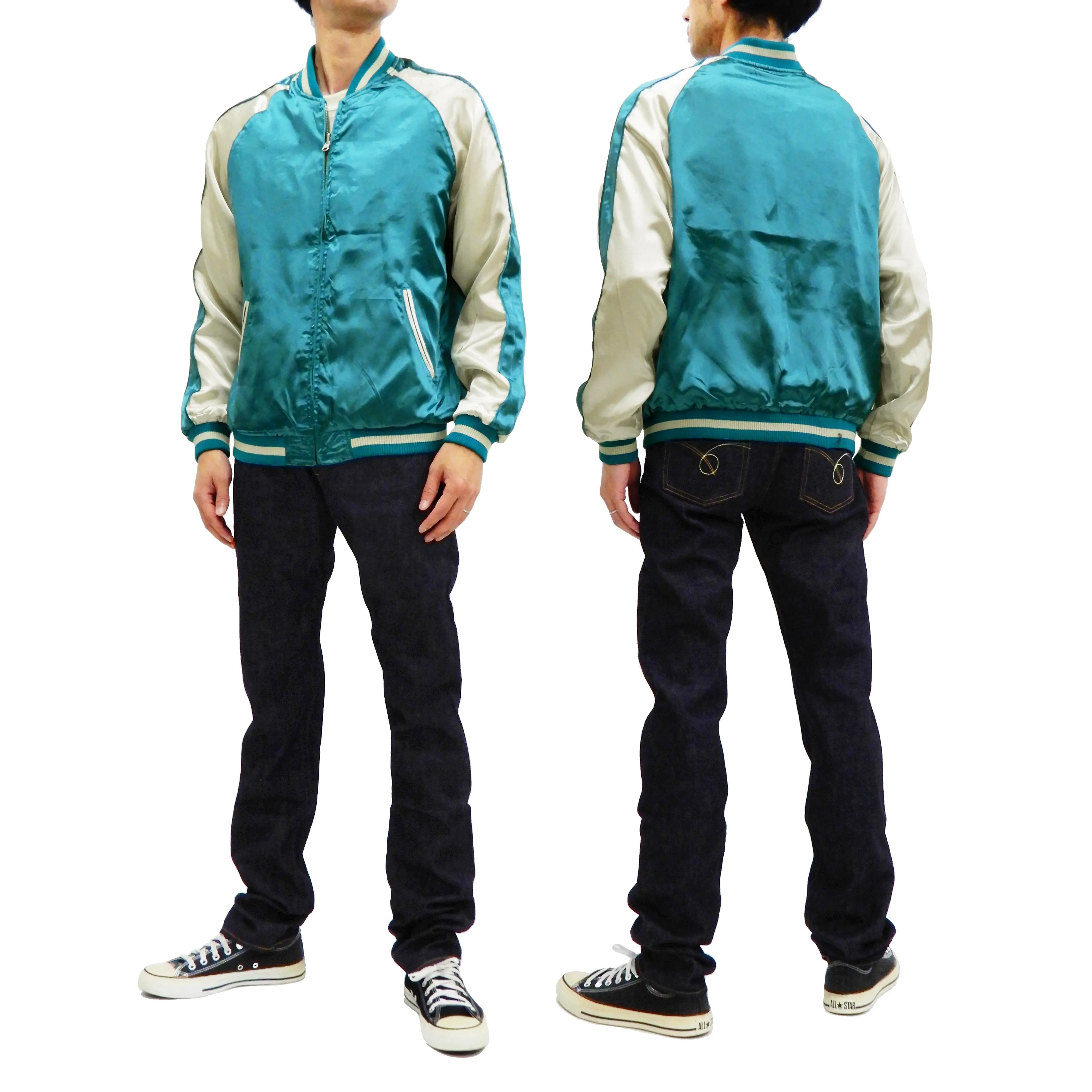 Japanesque Men's Japanese Souvenir Jacket Dragon Embroidered Sukajan 3RSJ-024 Blue-Green/Off