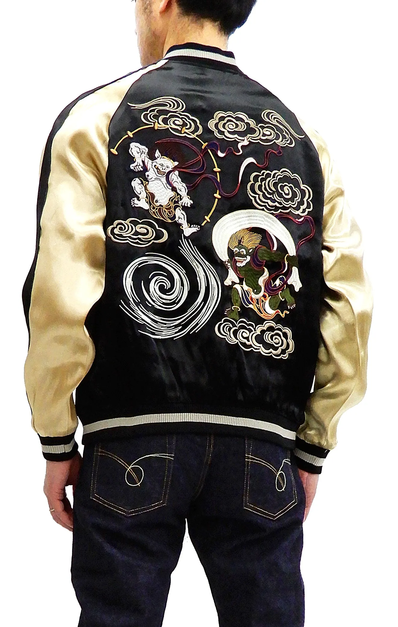 Japanesque Men's Japanese Souvenir Jacket Fujin Raijin Sukajan 3RSJ-003 Black/Beige