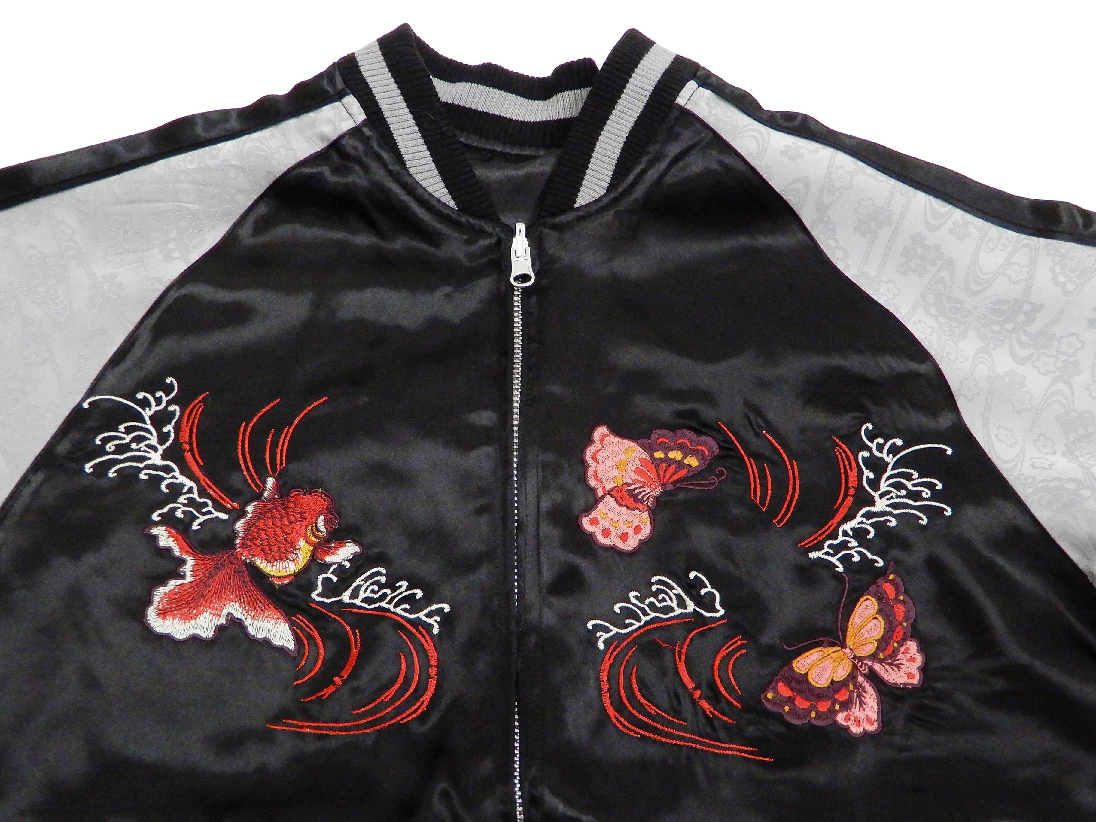 Japanesque Men's Japanese Souvenir Jacket Goldfish Embroidery Sukajan 3RSJ-701 Black/Gray