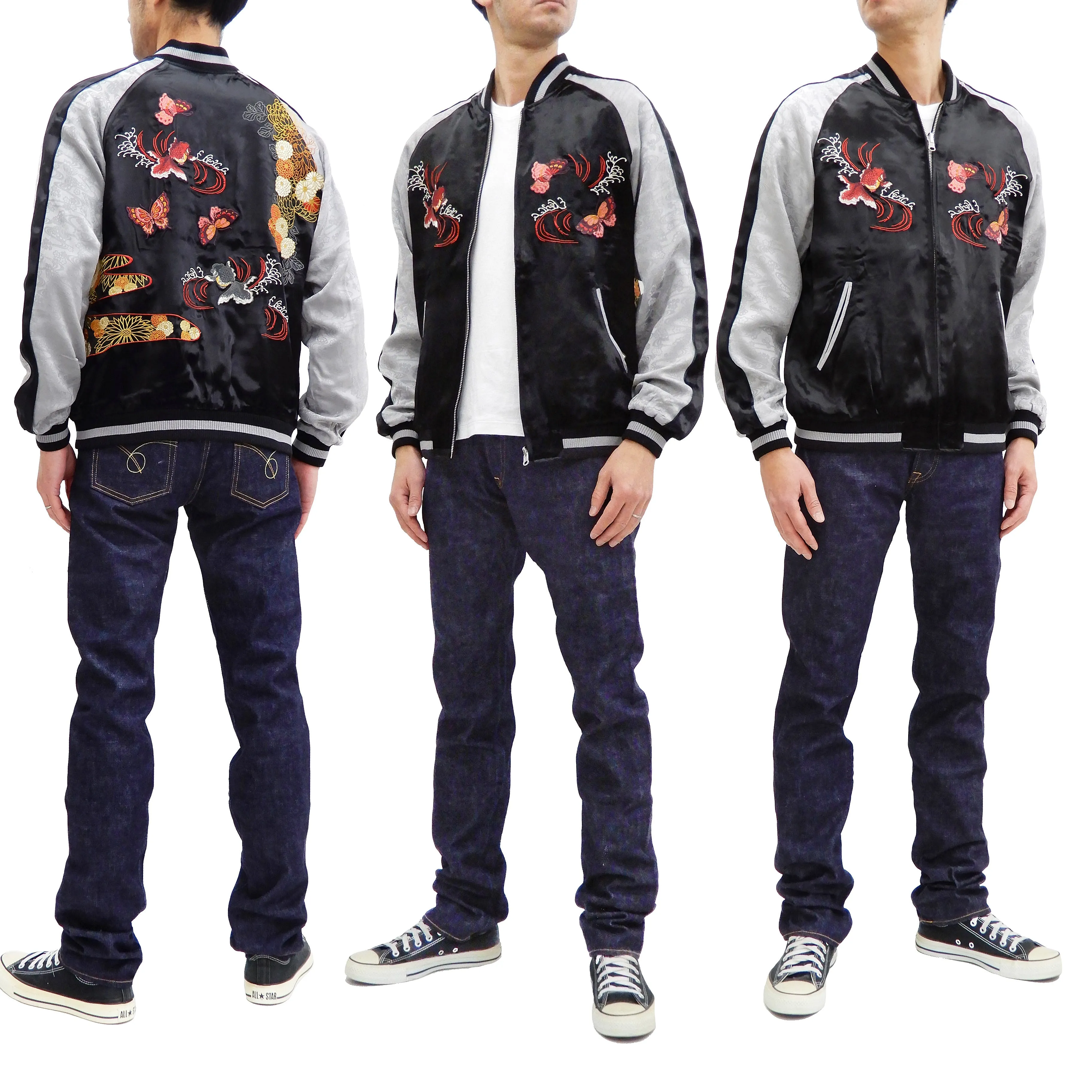 Japanesque Men's Japanese Souvenir Jacket Goldfish Embroidery Sukajan 3RSJ-701 Black/Gray