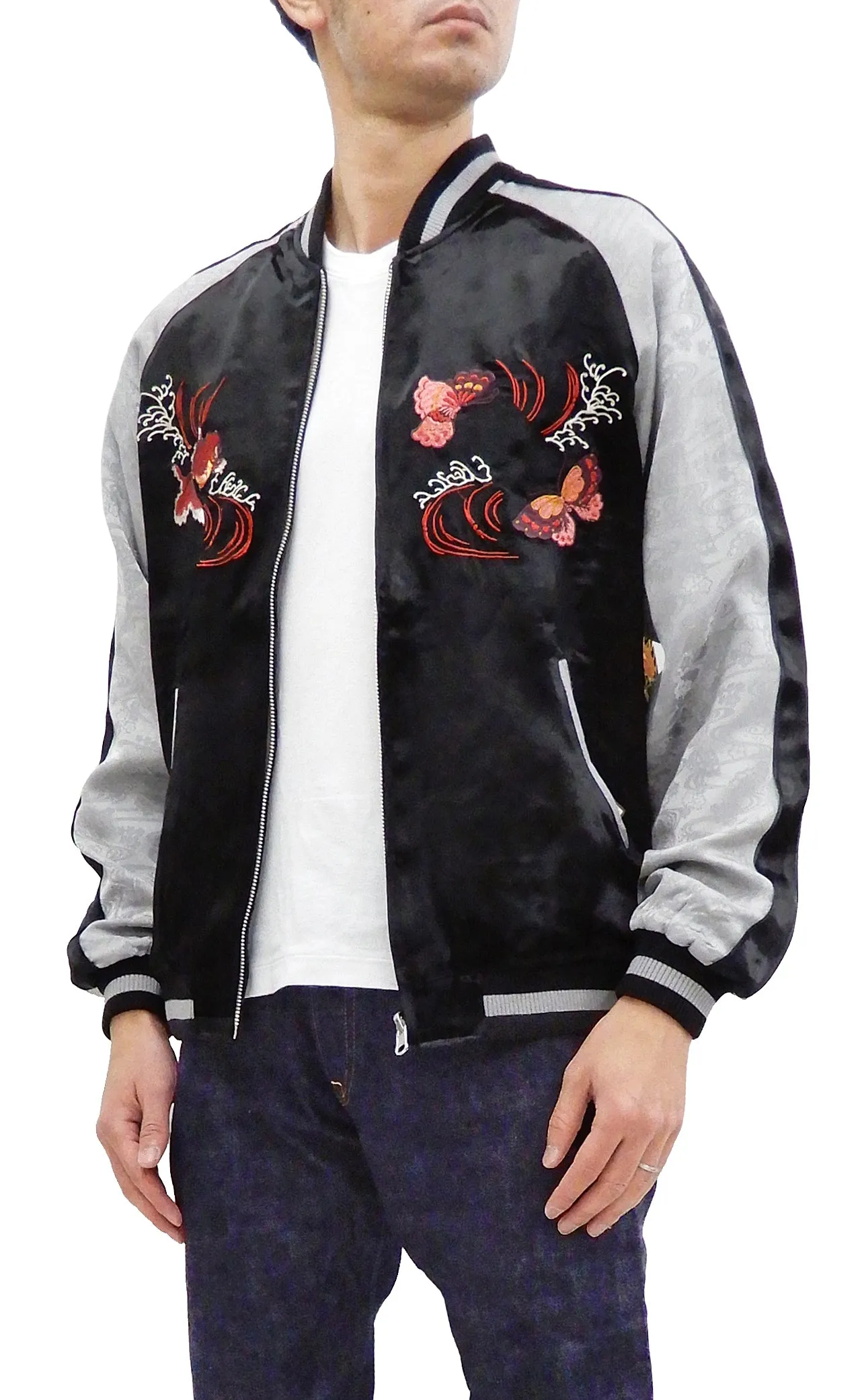 Japanesque Men's Japanese Souvenir Jacket Goldfish Embroidery Sukajan 3RSJ-701 Black/Gray