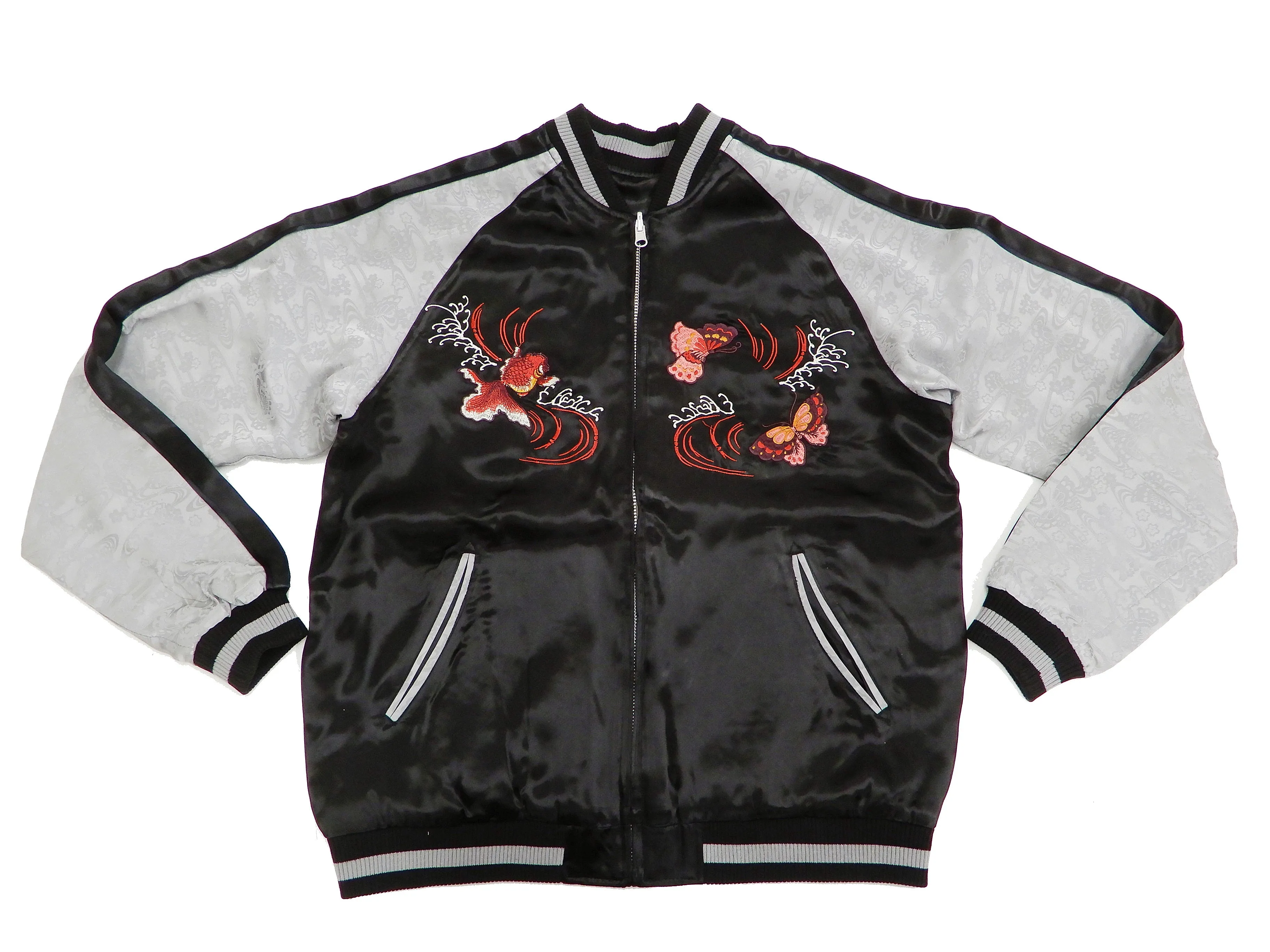 Japanesque Men's Japanese Souvenir Jacket Goldfish Embroidery Sukajan 3RSJ-701 Black/Gray