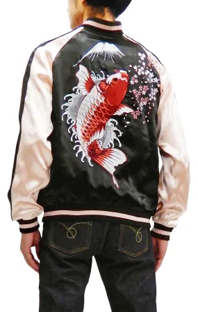 Japanesque Men's Japanese Souvenir Jacket koi fish Embroidered Sukajan 3RSJ-022 Black/Pink