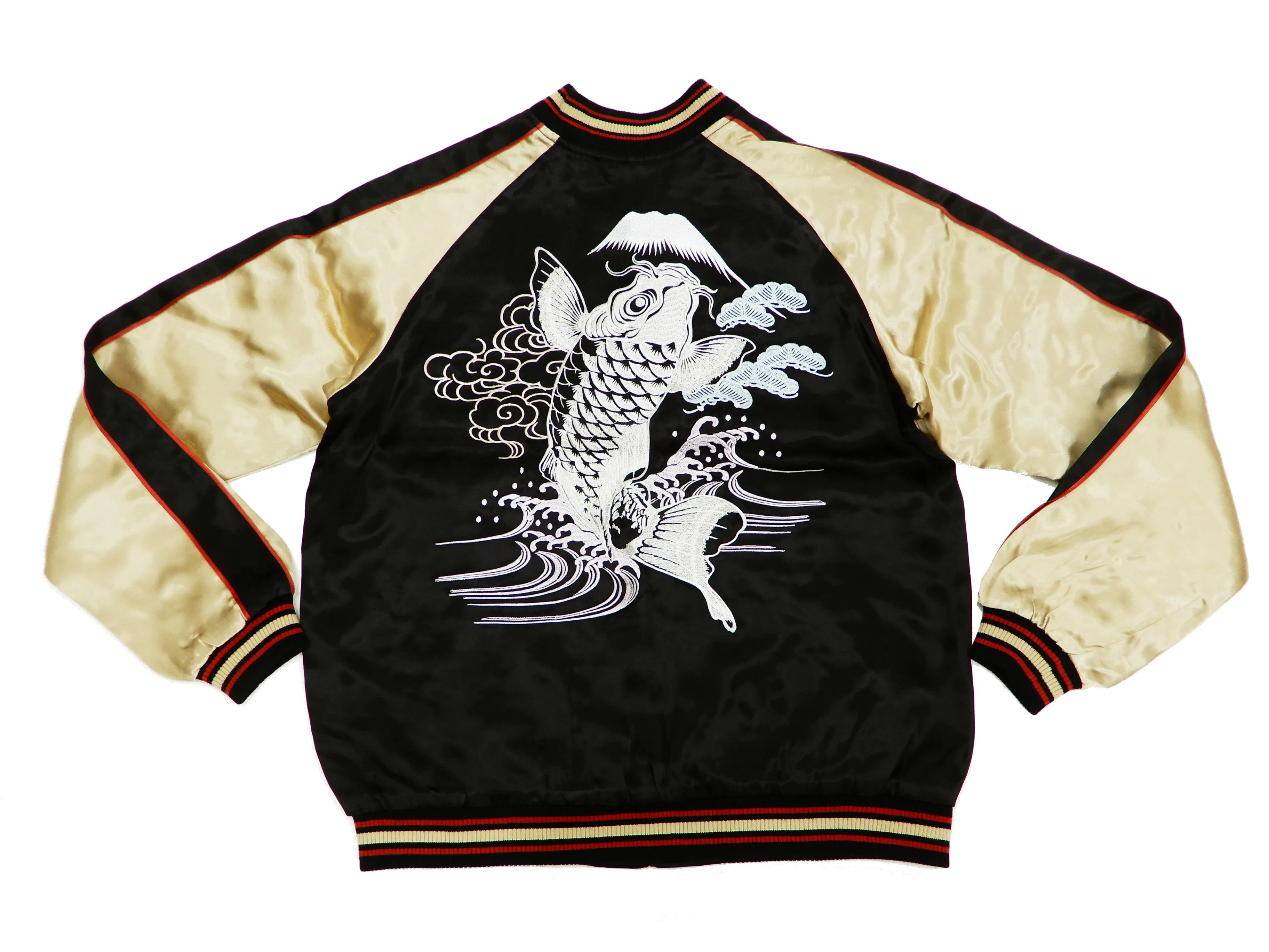 Japanesque Men's Japanese Souvenir Jacket Koi Fish Sukajan 3RSJ-047 Black/Beige