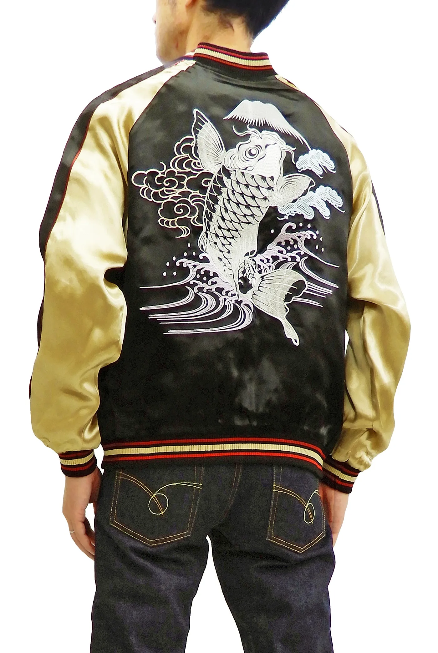 Japanesque Men's Japanese Souvenir Jacket Koi Fish Sukajan 3RSJ-047 Black/Beige