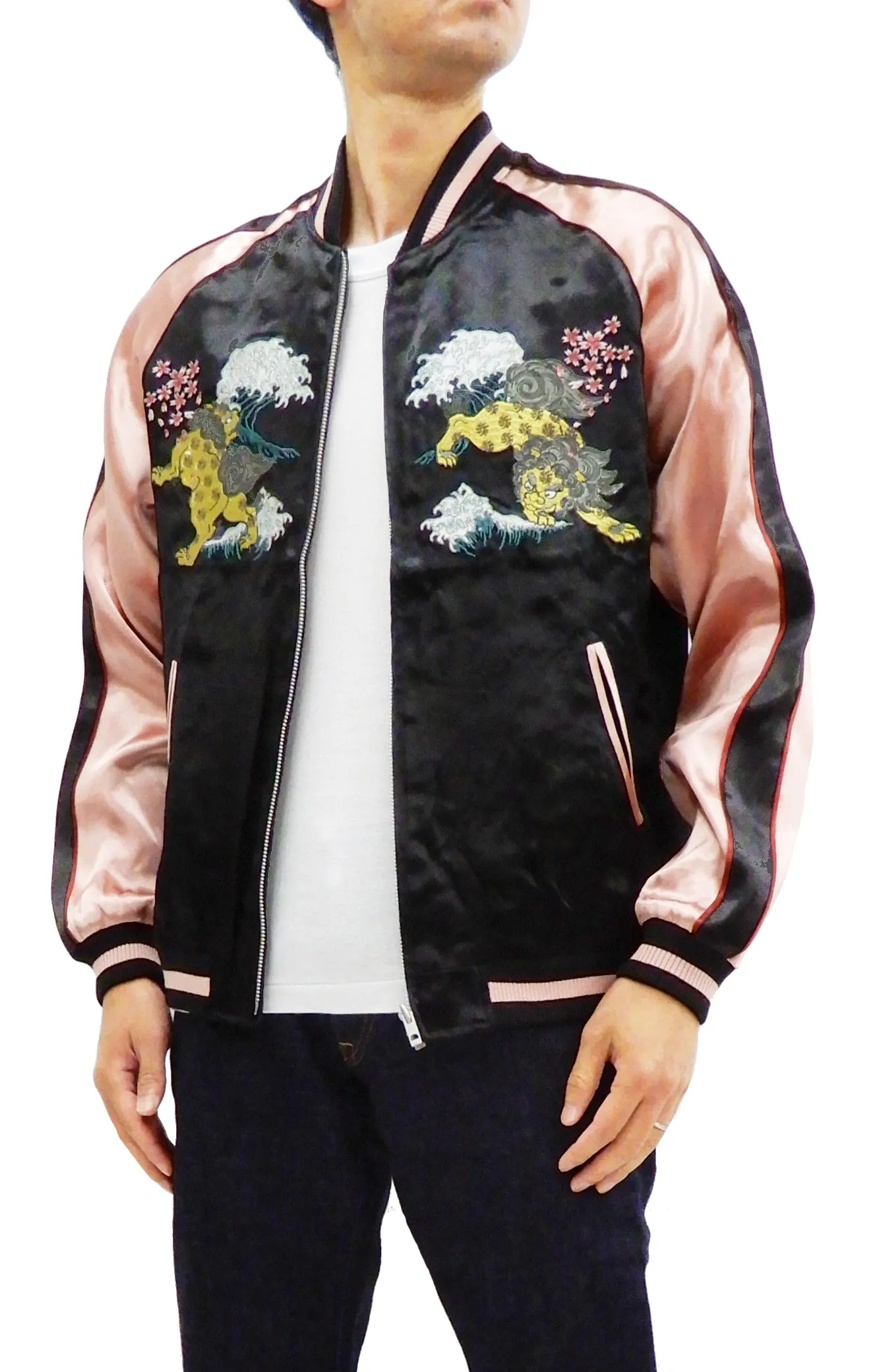 Japanesque Men's Japanese Souvenir Jacket Komainu Embroidered Sukajan 3RSJ-046 Black/Pink