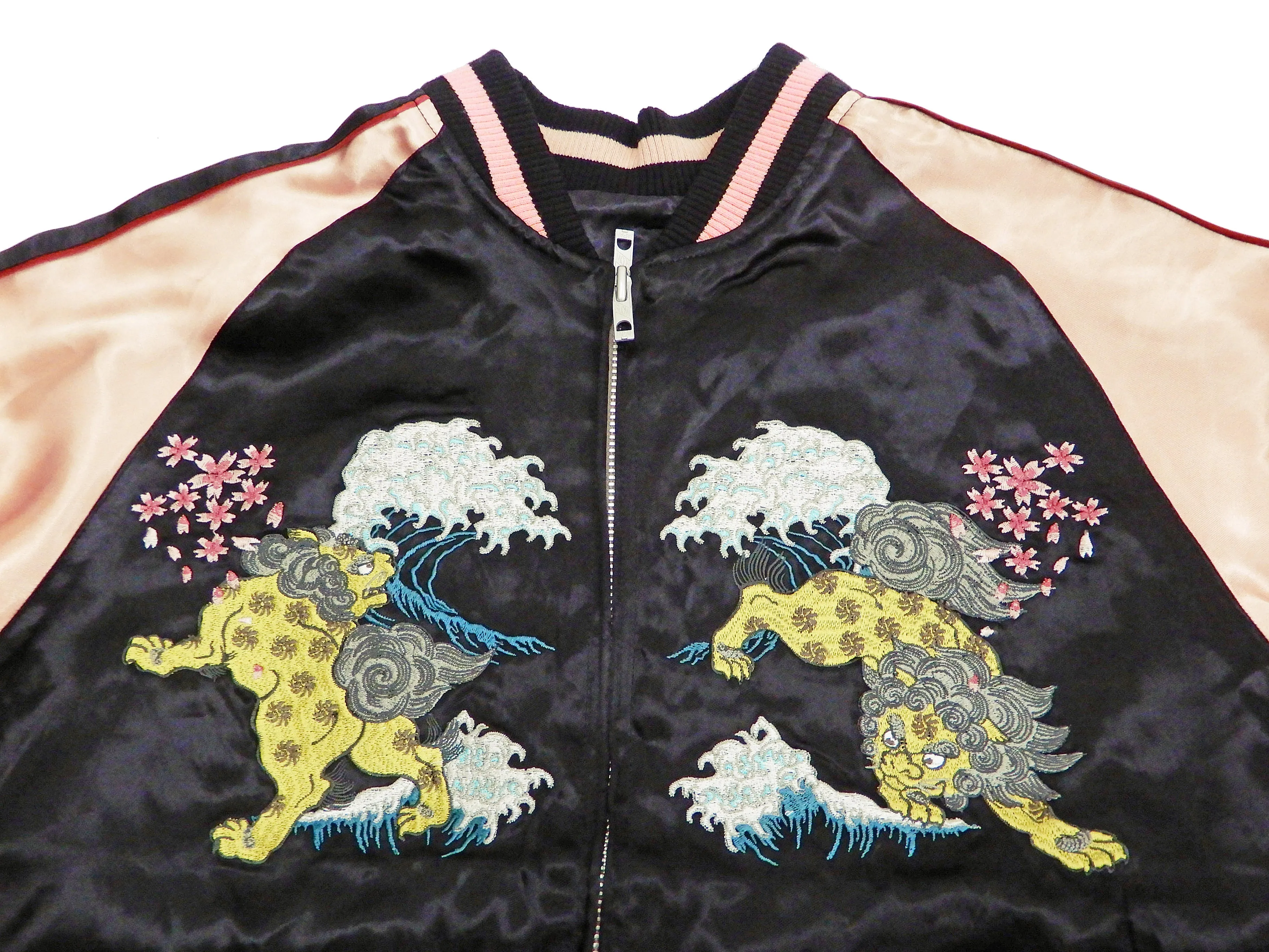 Japanesque Men's Japanese Souvenir Jacket Komainu Embroidered Sukajan 3RSJ-046 Black/Pink