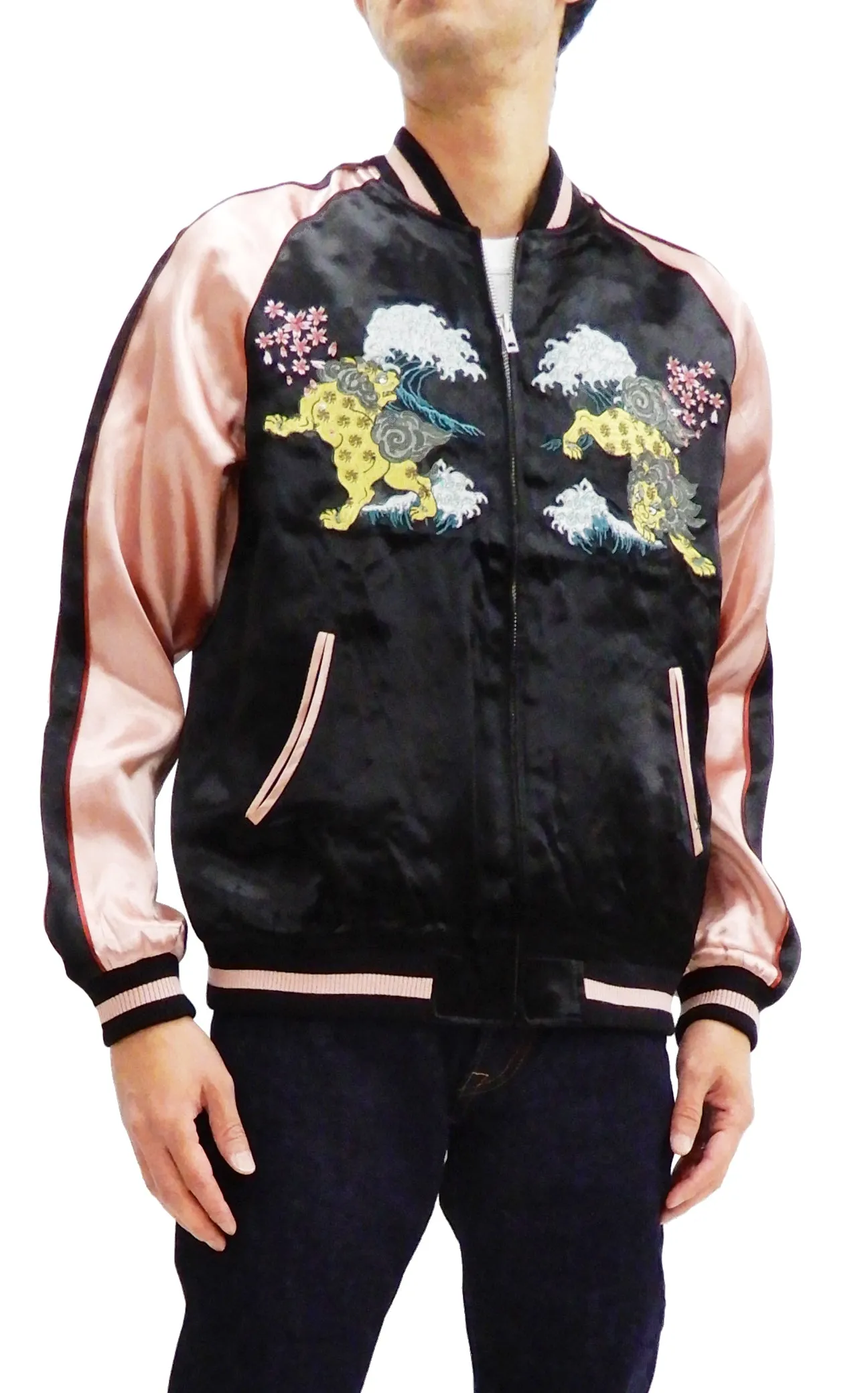 Japanesque Men's Japanese Souvenir Jacket Komainu Embroidered Sukajan 3RSJ-046 Black/Pink