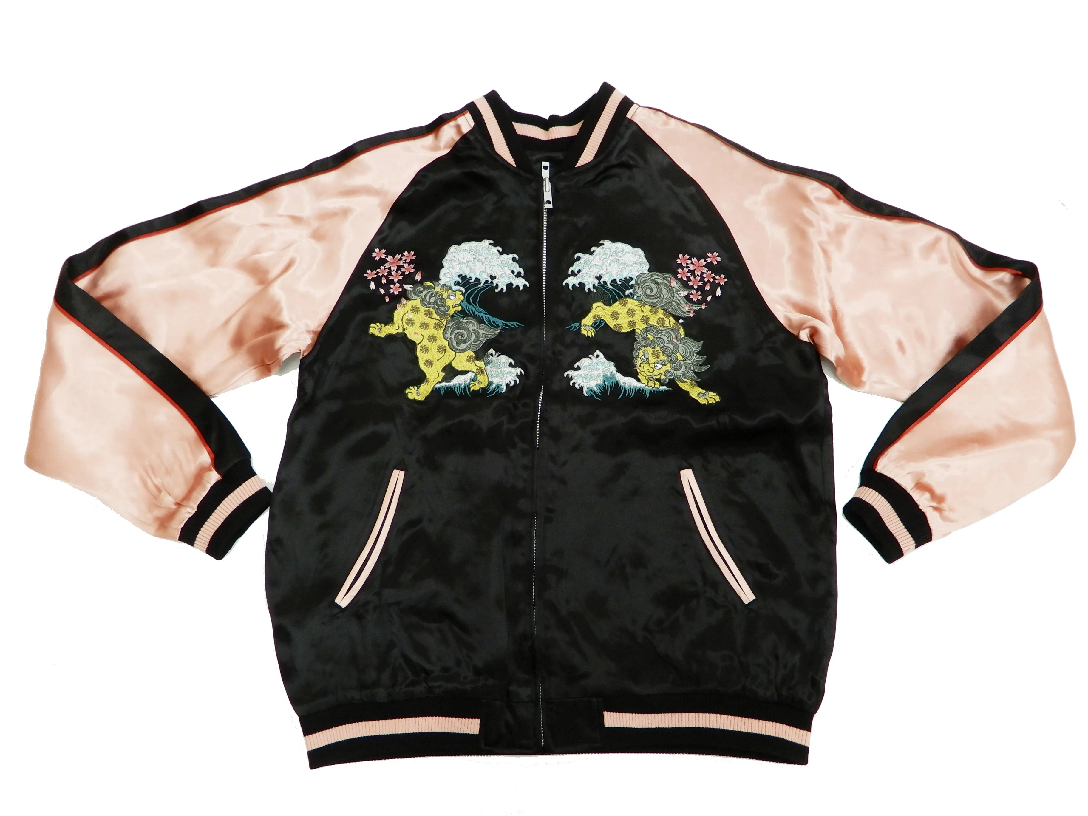 Japanesque Men's Japanese Souvenir Jacket Komainu Embroidered Sukajan 3RSJ-046 Black/Pink