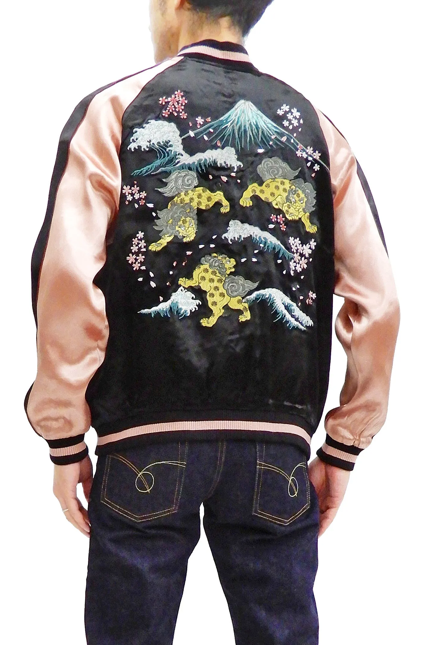 Japanesque Men's Japanese Souvenir Jacket Komainu Embroidered Sukajan 3RSJ-046 Black/Pink