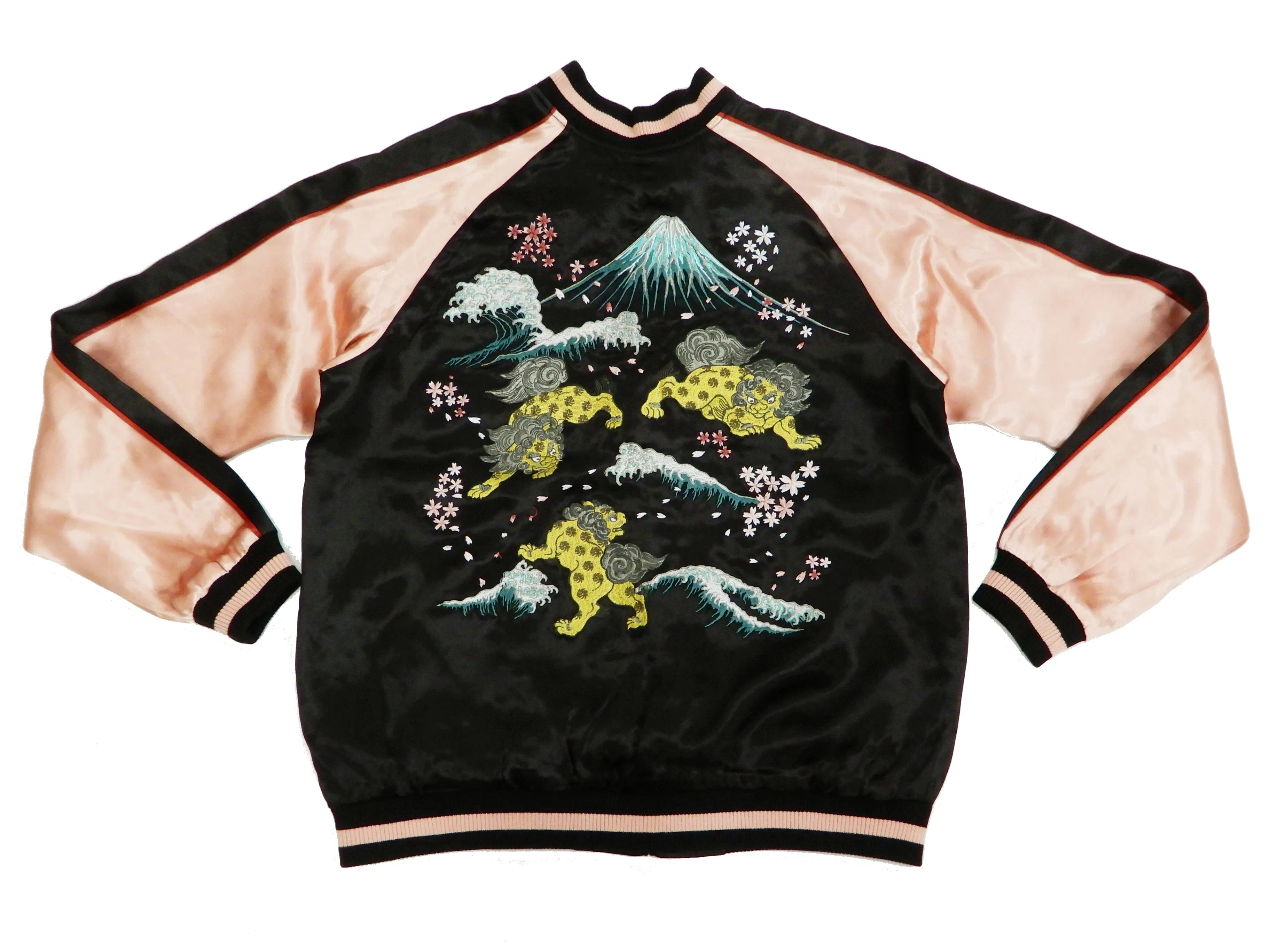 Japanesque Men's Japanese Souvenir Jacket Komainu Embroidered Sukajan 3RSJ-046 Black/Pink