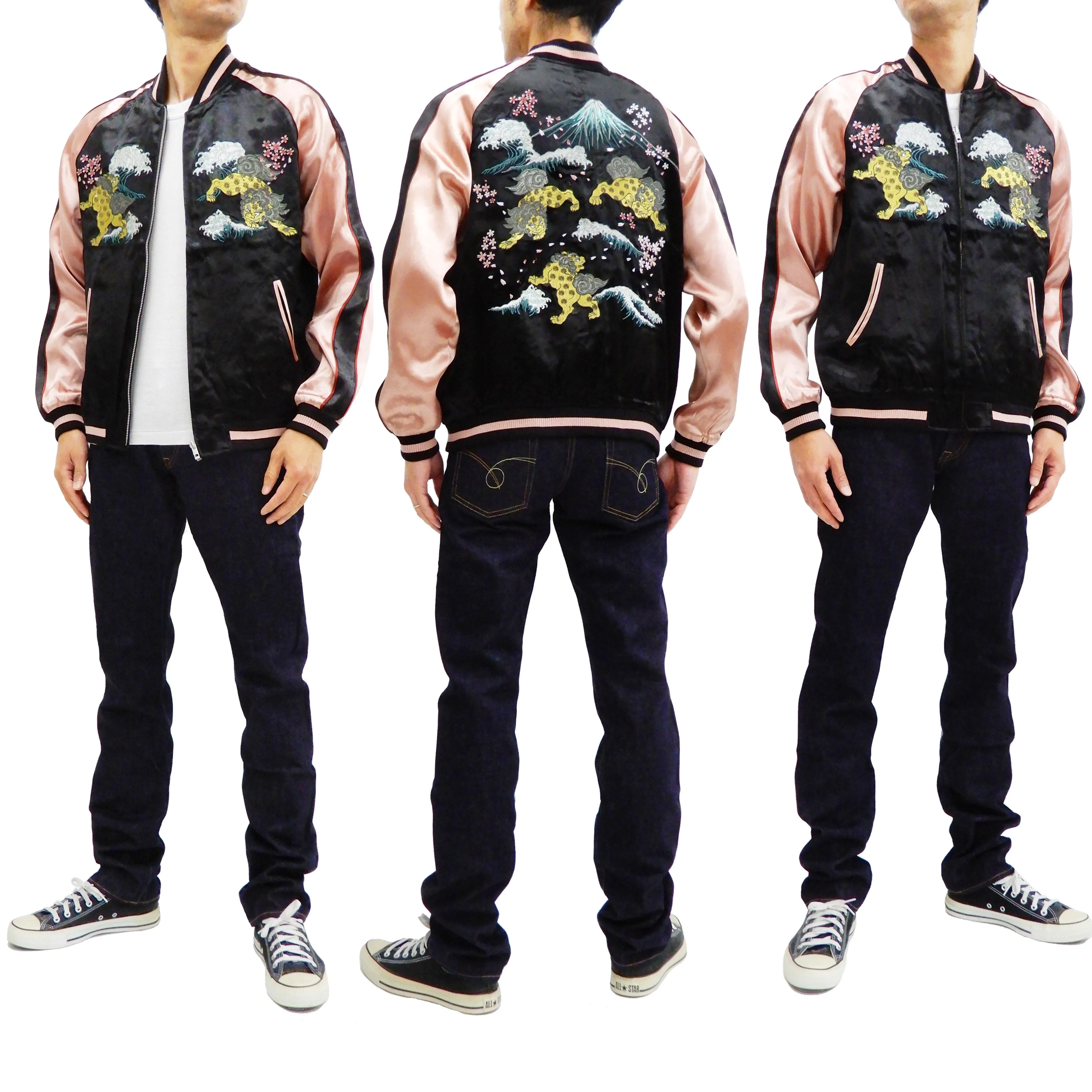 Japanesque Men's Japanese Souvenir Jacket Komainu Embroidered Sukajan 3RSJ-046 Black/Pink