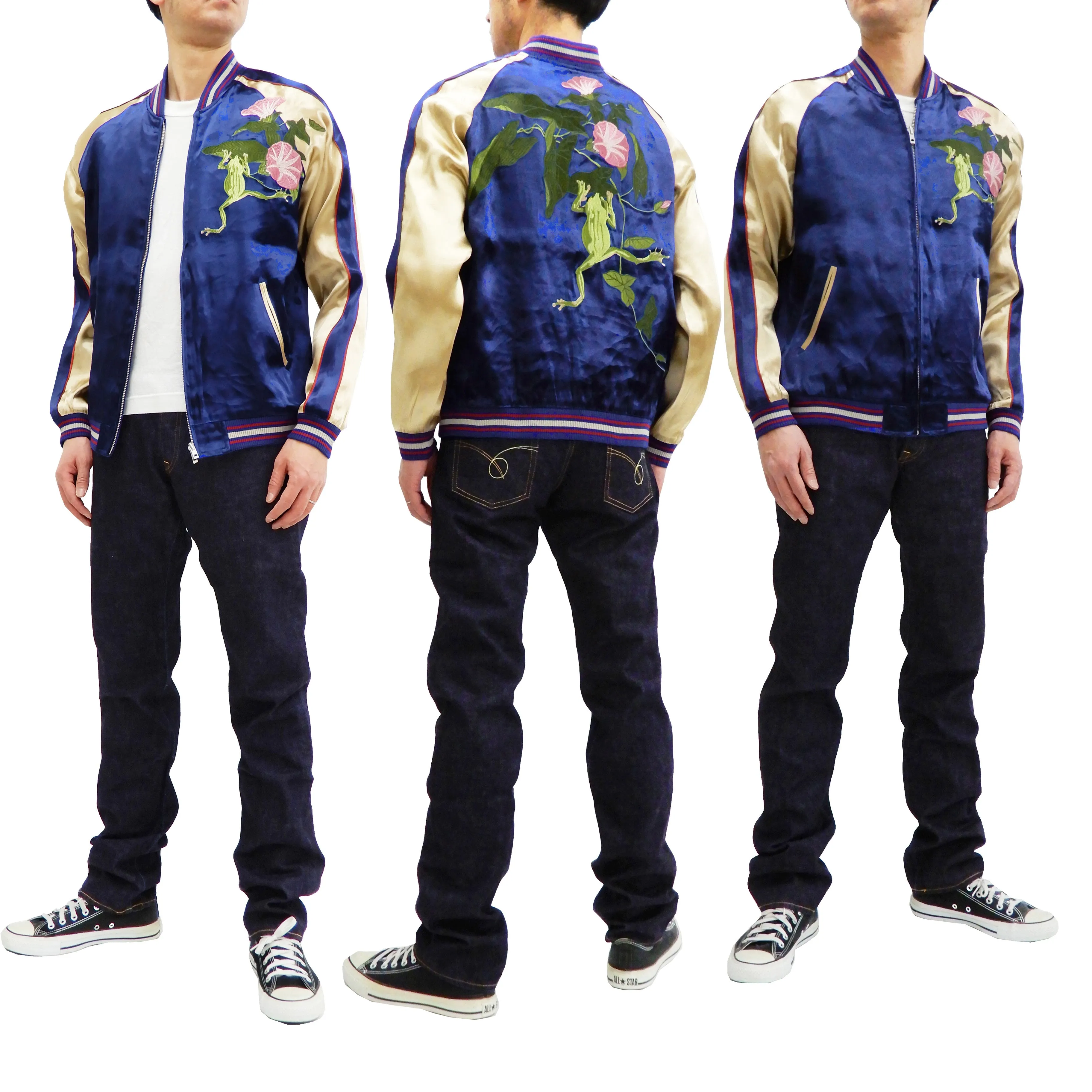 Japanesque Men's Japanese Souvenir Jacket Tree Frog Sukajan 3RSJ-043 Navy-Blue/Beige