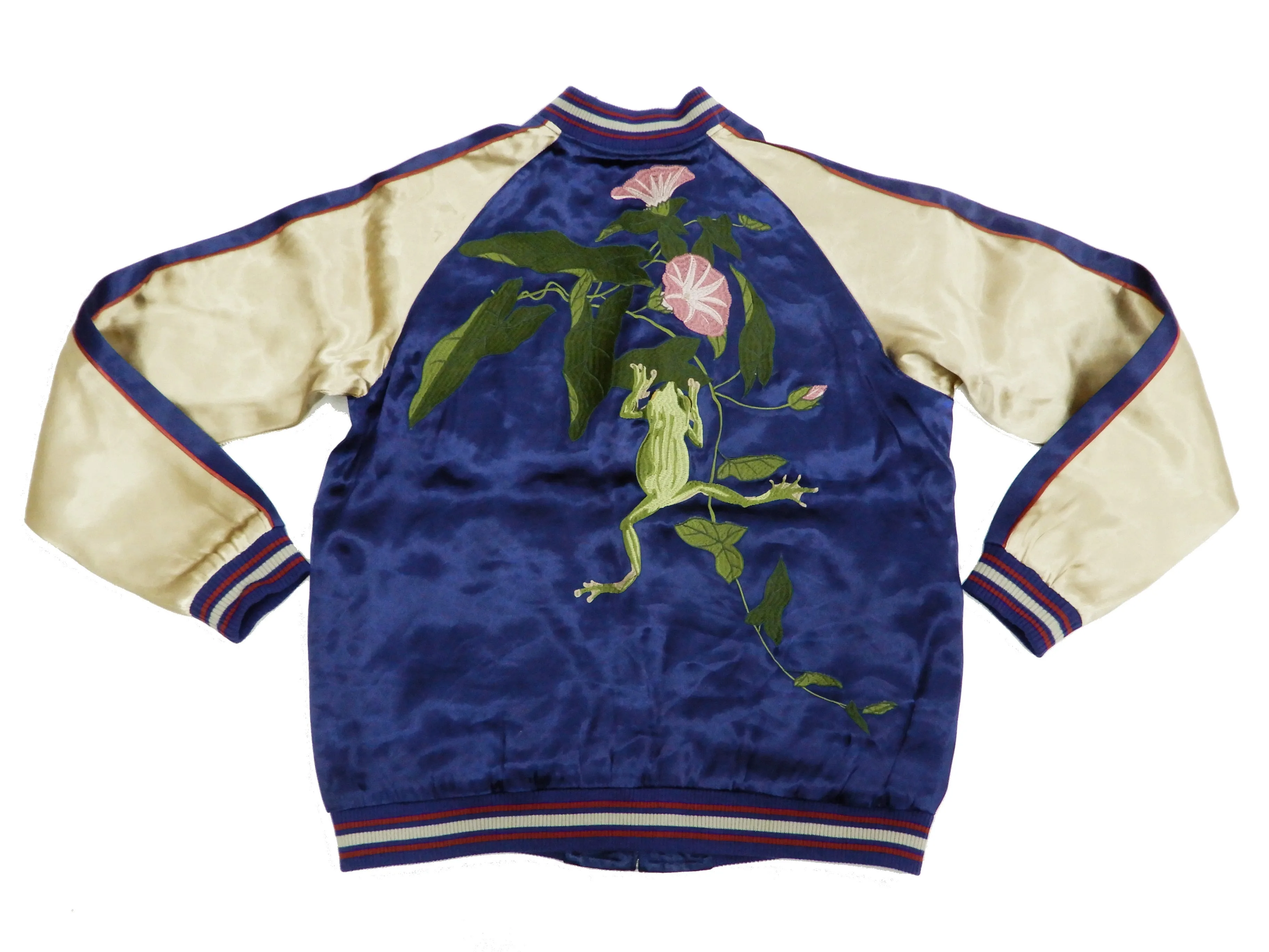 Japanesque Men's Japanese Souvenir Jacket Tree Frog Sukajan 3RSJ-043 Navy-Blue/Beige