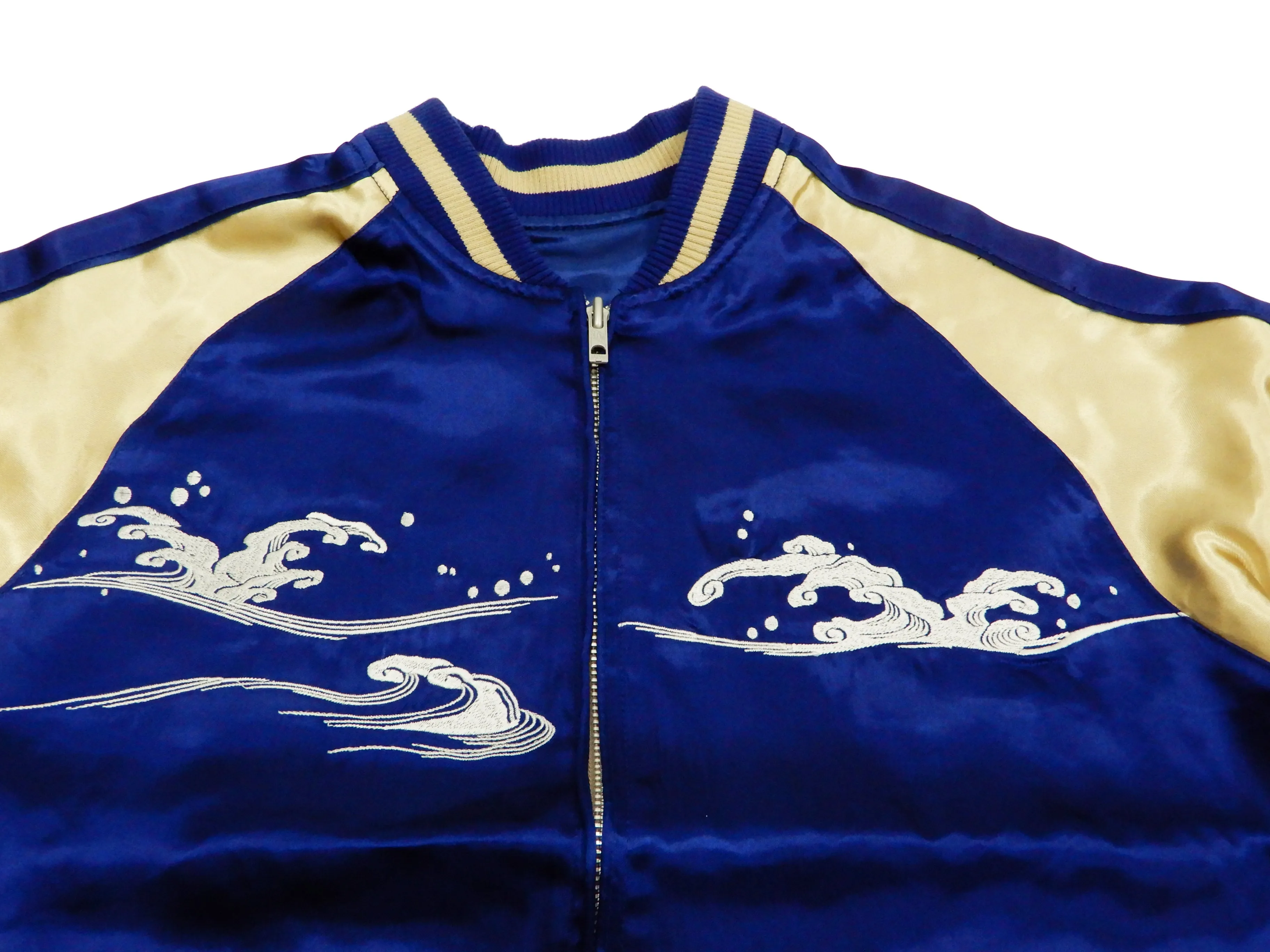 Japanesque Men's Japanese Souvenir Jacket Whale Breach Sukajan 3RSJ-041 Navy-Blue/Beige