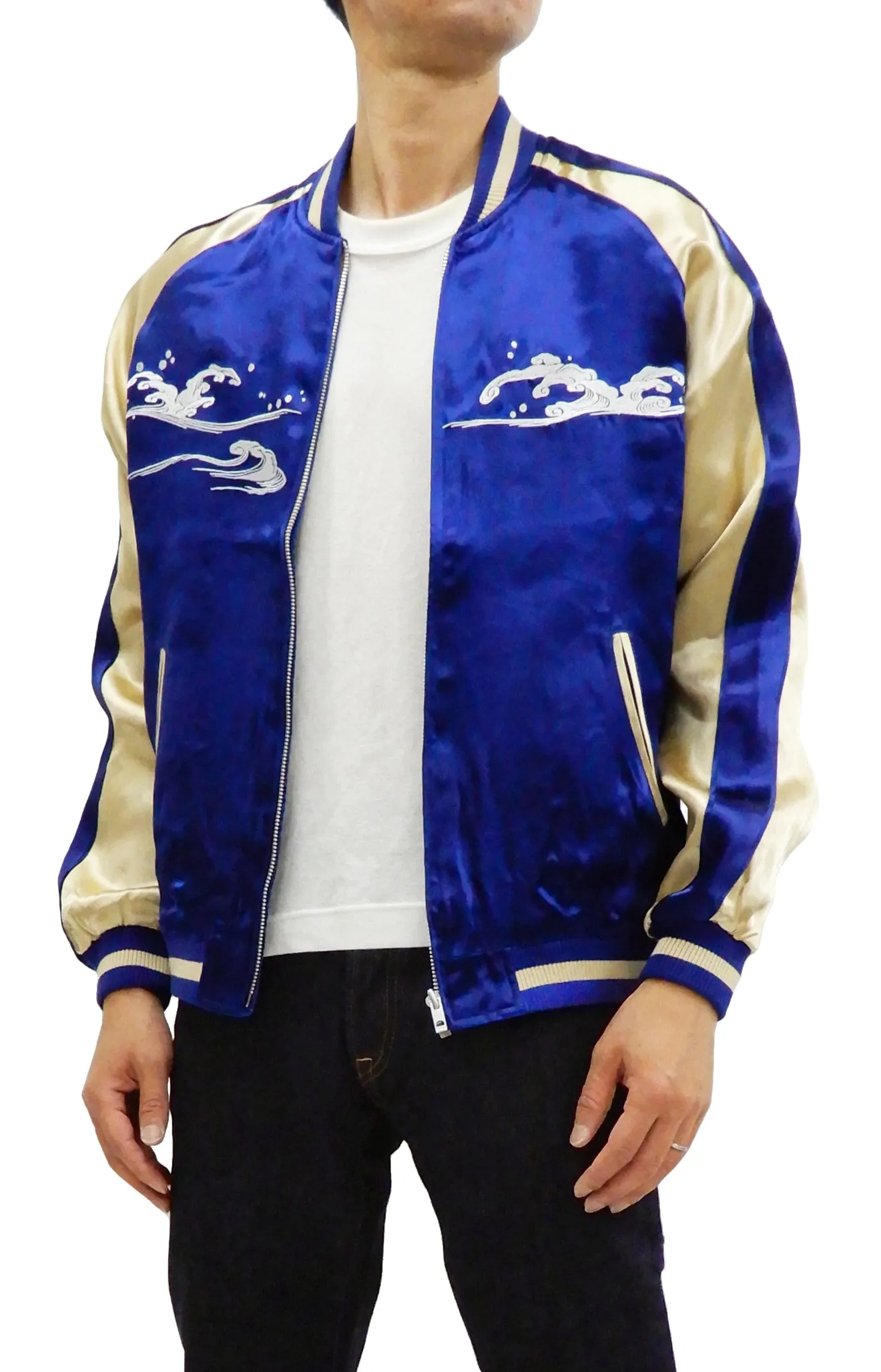 Japanesque Men's Japanese Souvenir Jacket Whale Breach Sukajan 3RSJ-041 Navy-Blue/Beige