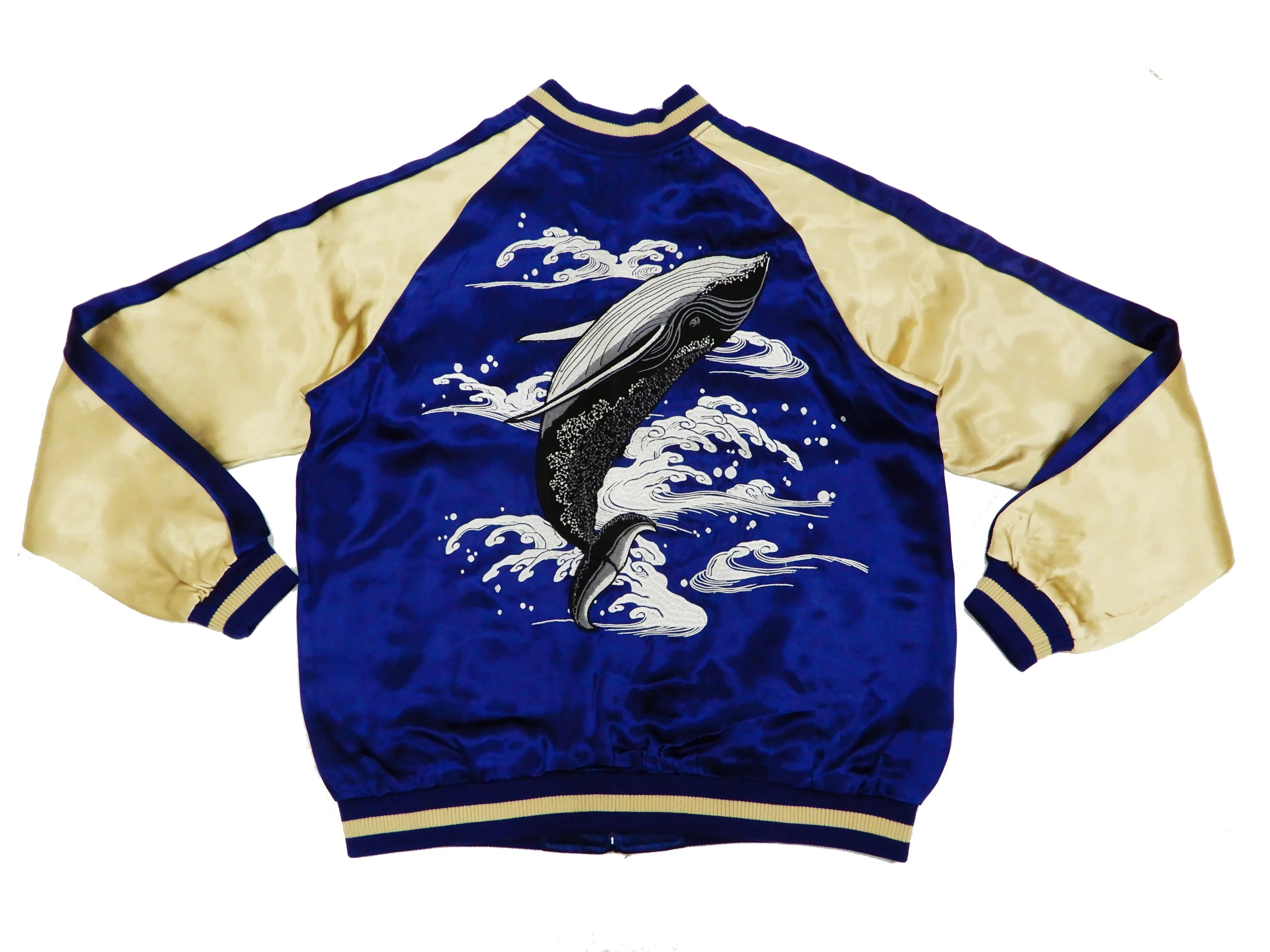 Japanesque Men's Japanese Souvenir Jacket Whale Breach Sukajan 3RSJ-041 Navy-Blue/Beige