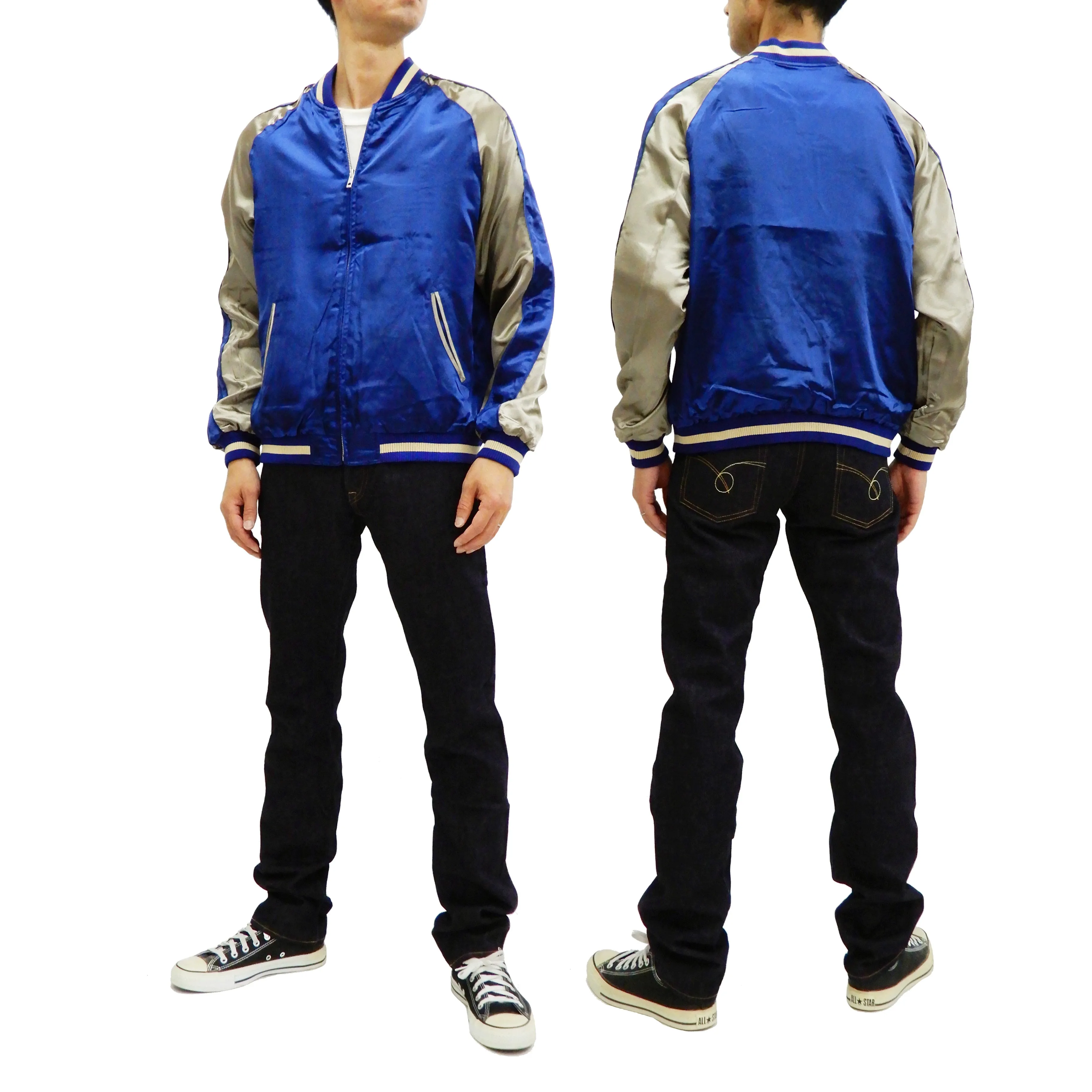 Japanesque Men's Japanese Souvenir Jacket Whale Breach Sukajan 3RSJ-041 Navy-Blue/Beige