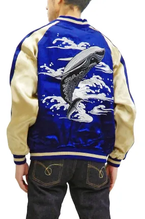 Japanesque Men's Japanese Souvenir Jacket Whale Breach Sukajan 3RSJ-041 Navy-Blue/Beige