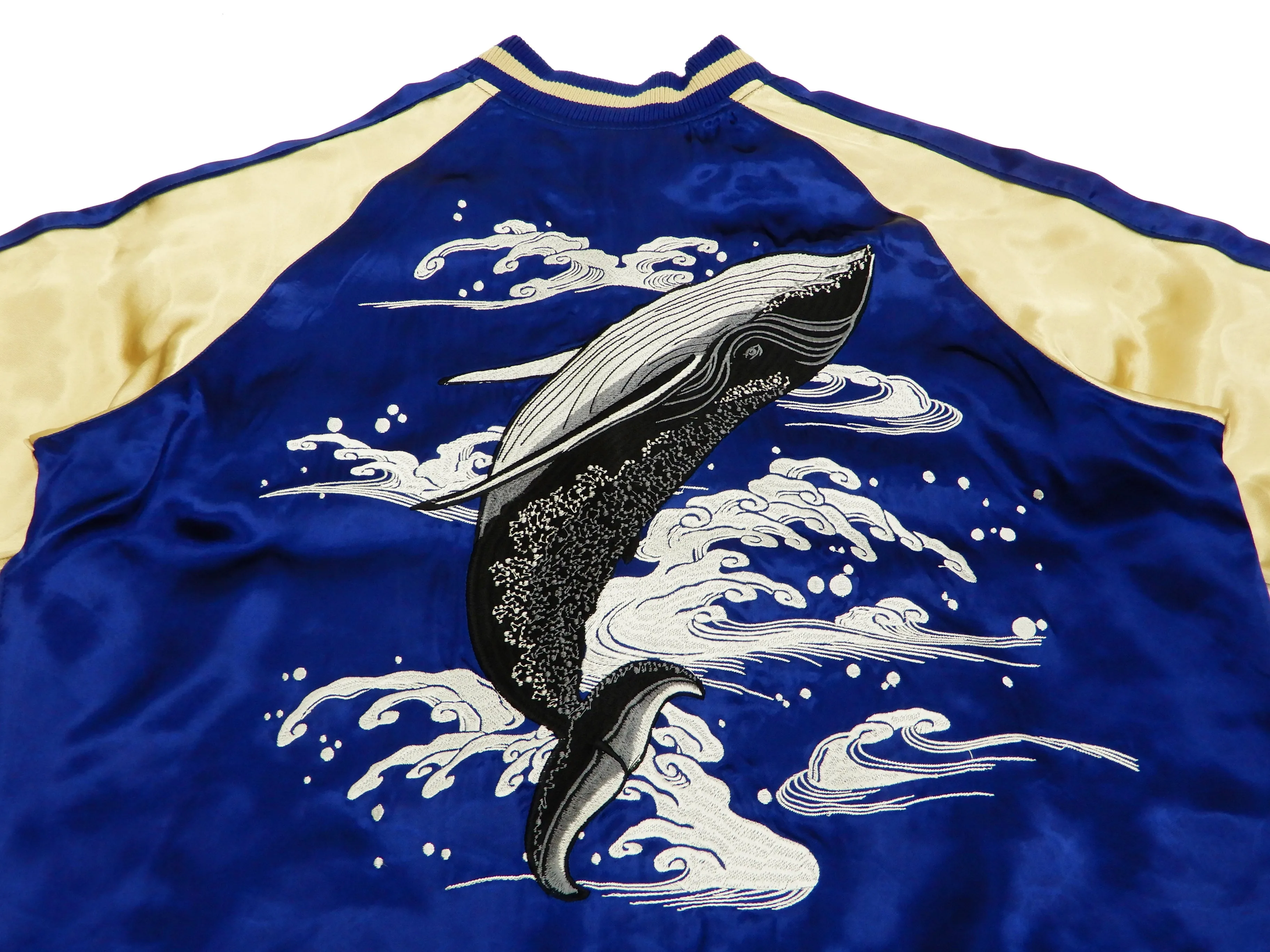 Japanesque Men's Japanese Souvenir Jacket Whale Breach Sukajan 3RSJ-041 Navy-Blue/Beige