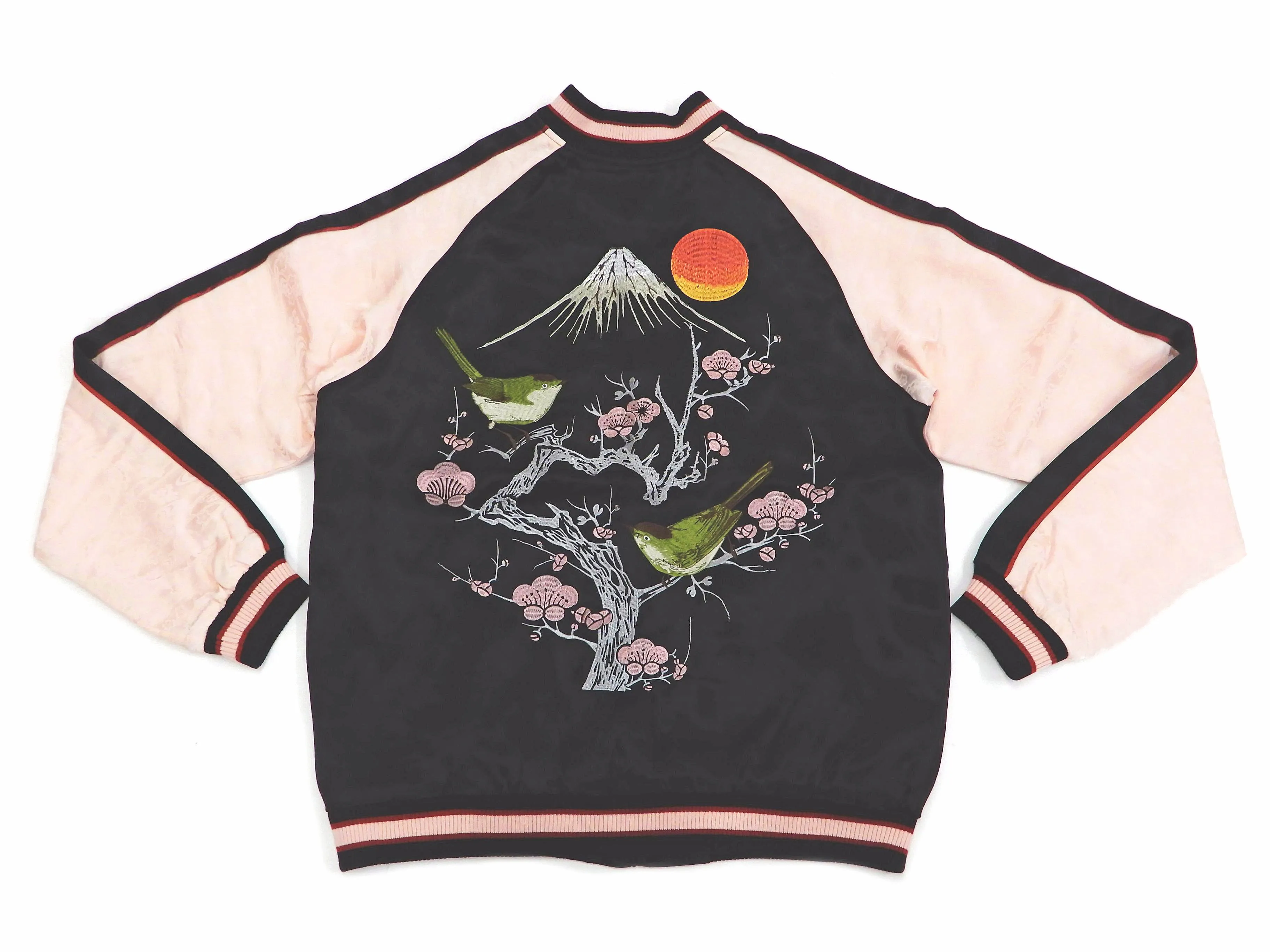 Japanesque Sukajan Men's Japanese Souvenir Jacket Japanese Bush Warbler 3RSJ-751 Black/Pink