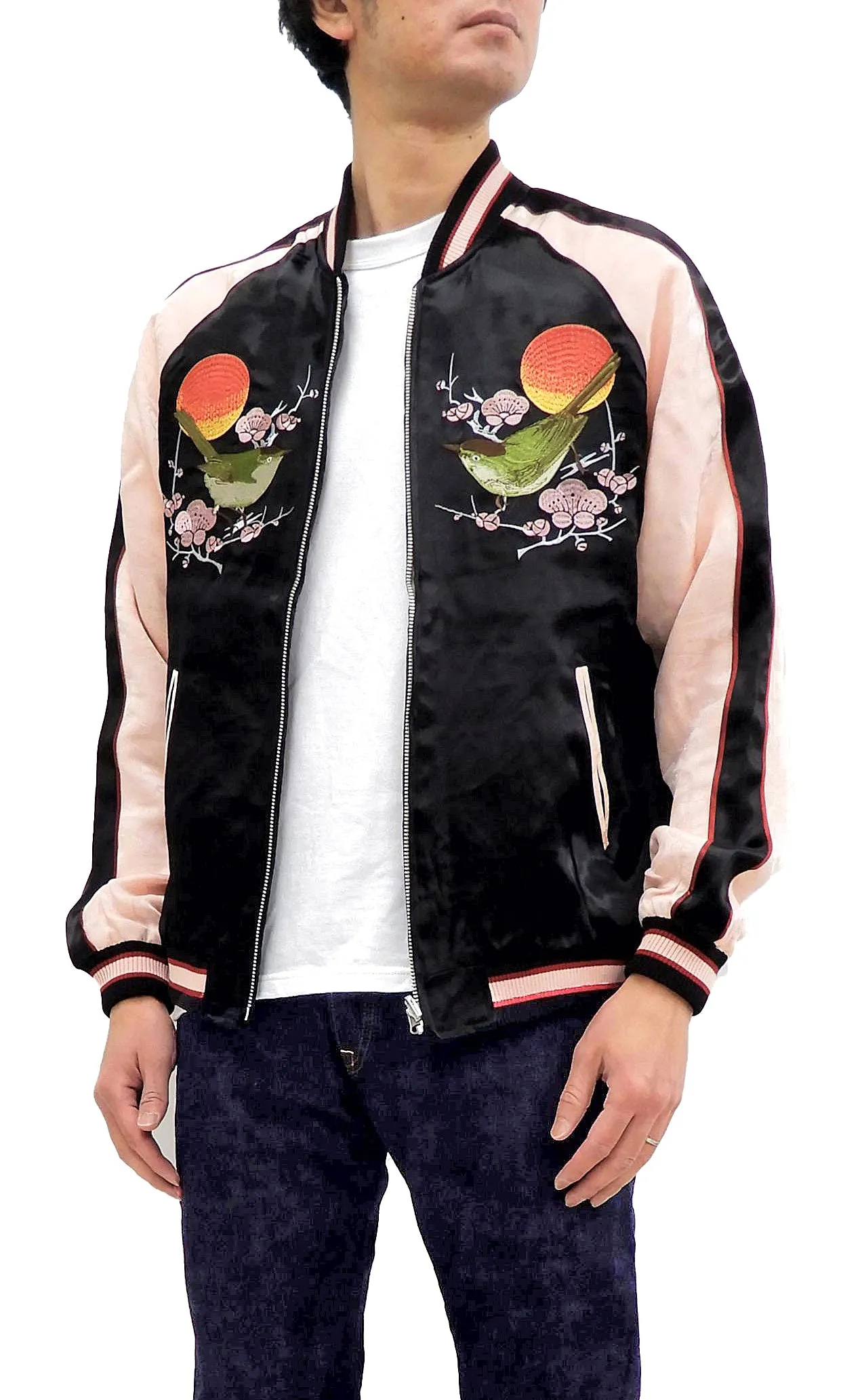 Japanesque Sukajan Men's Japanese Souvenir Jacket Japanese Bush Warbler 3RSJ-751 Black/Pink