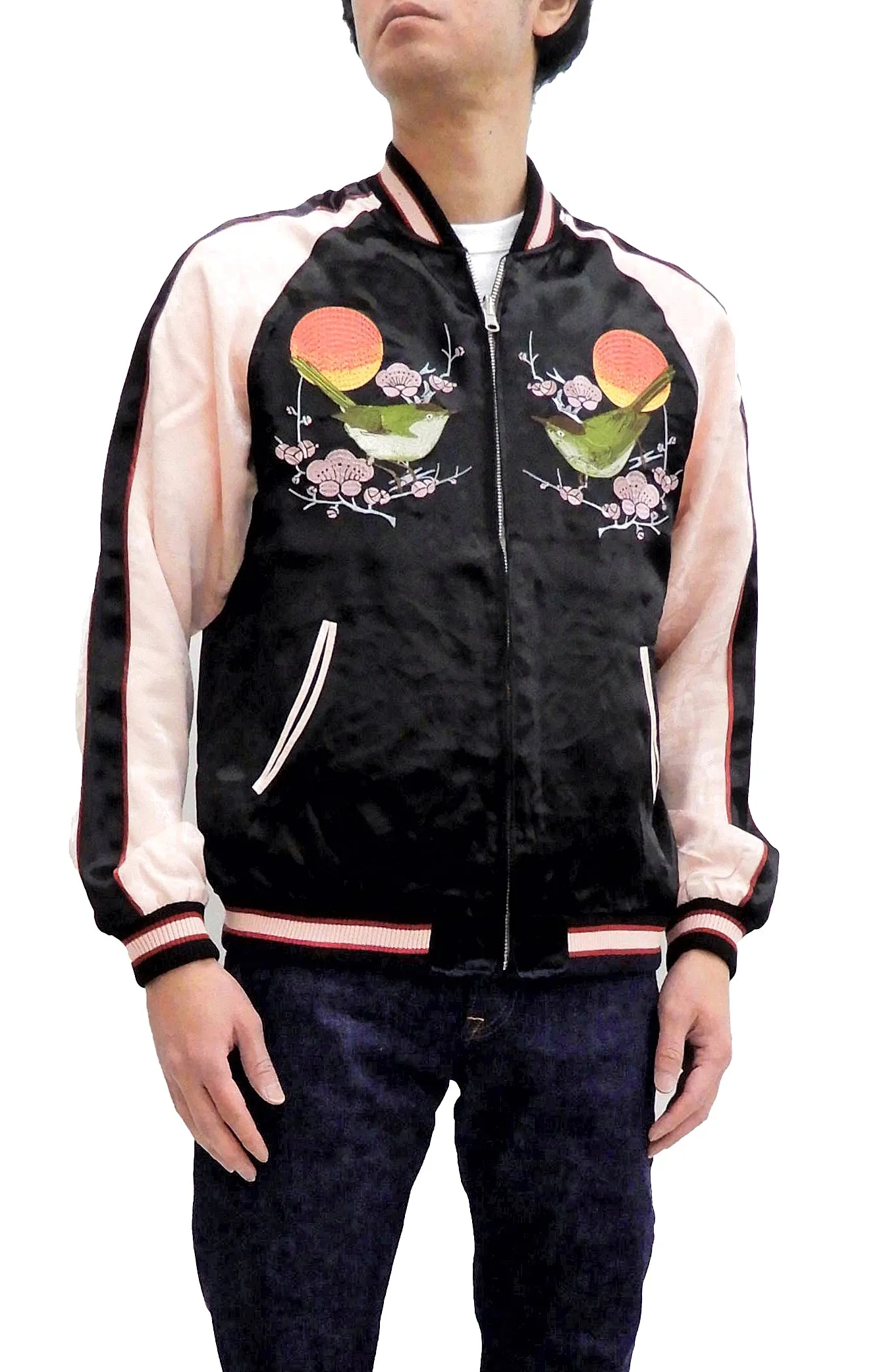 Japanesque Sukajan Men's Japanese Souvenir Jacket Japanese Bush Warbler 3RSJ-751 Black/Pink